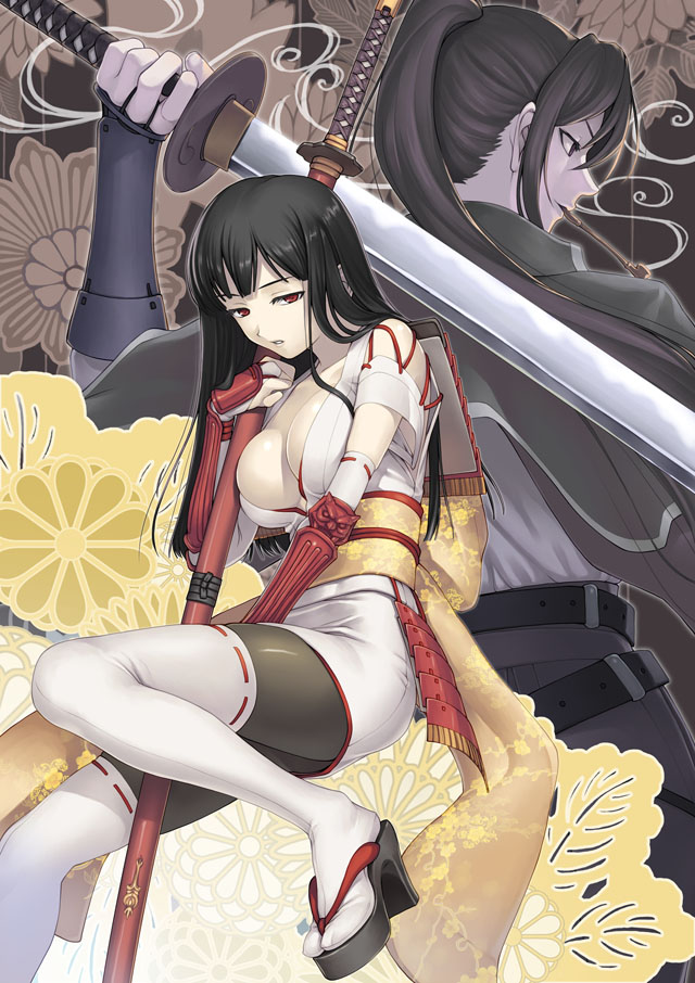 tanaka shoutarou, blade chronicle, 2girls, armor, black hair, breasts, cleavage, high heels, katana, long hair, multiple girls, open shoes, pantyhose, red eyes, shoes, sword, thighhighs, weapon