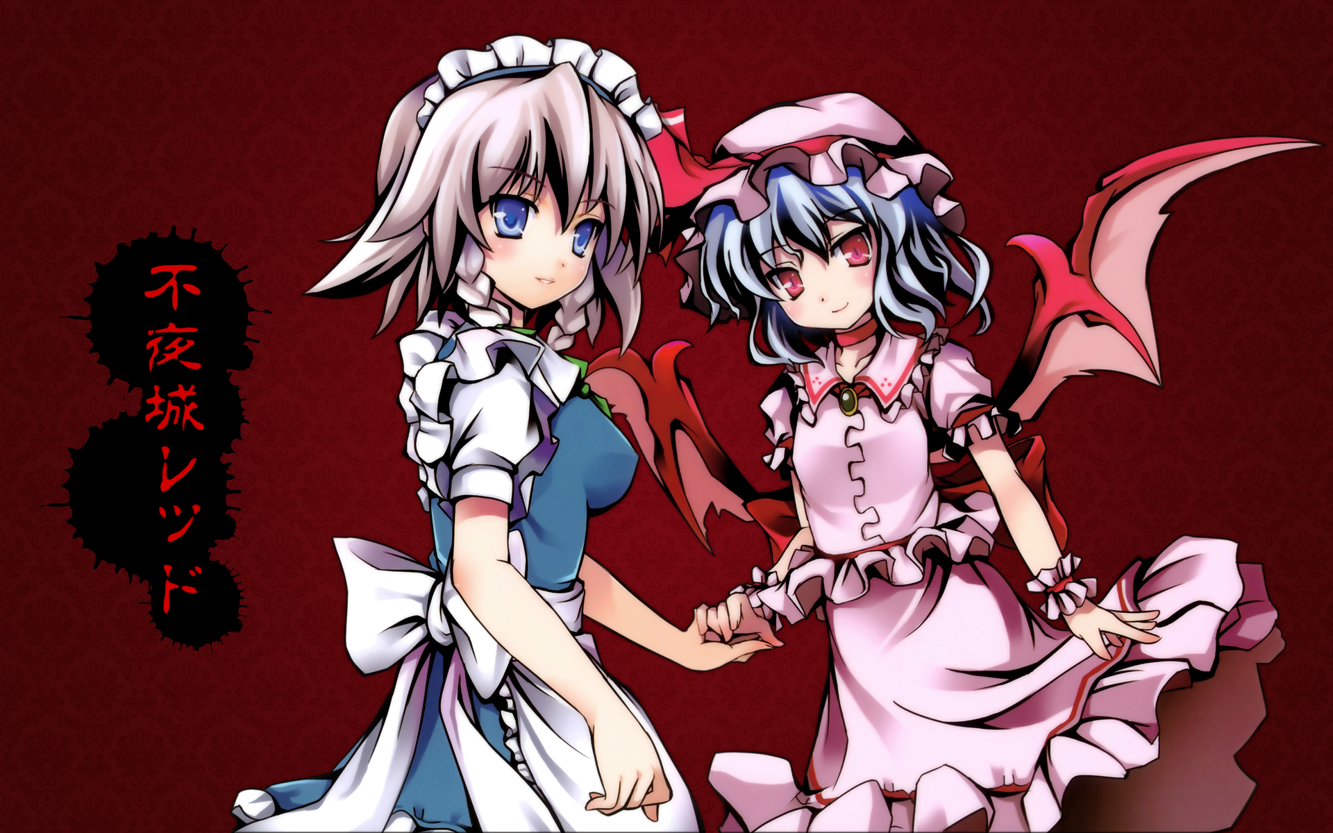 izayoi sakuya, remilia scarlet, touhou, silver hair, highres, 2girls, blue eyes, blue hair, braid, female focus, hat, multiple girls, red eyes, short hair, twin braids, wings, wrist cuffs