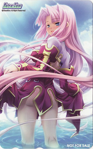 hikage eiji, sonken (koihime musou), koihime musou, scan, 00s, 1girl, ass, blue eyes, blush, card, card (medium), clothes lift, dress, female focus, from behind, long hair, looking back, no panties, pantyhose, phonecard, pink hair, purple hair, skirt, skirt lift, smile, solo, water