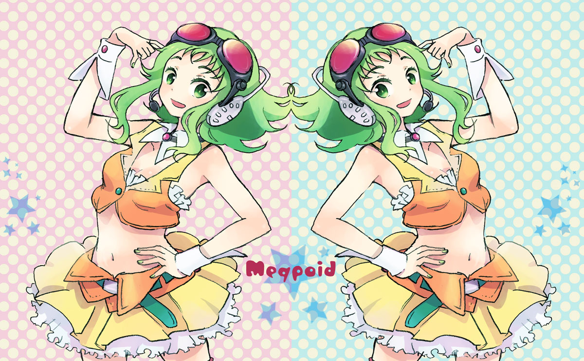 manami (artist), sugano manami, vaayunto yuuki, gumi, megpoid, vocaloid, 1girl, belt, blush, body blush, female focus, frills, gathers, goggles, green eyes, green hair, green nails, hand on own hip, headset, hip focus, matching hair/eyes, midriff, nail polish, navel, polka dot, short hair, skirt, solo, star (symbol), symmetry, tank top, wrist cuffs