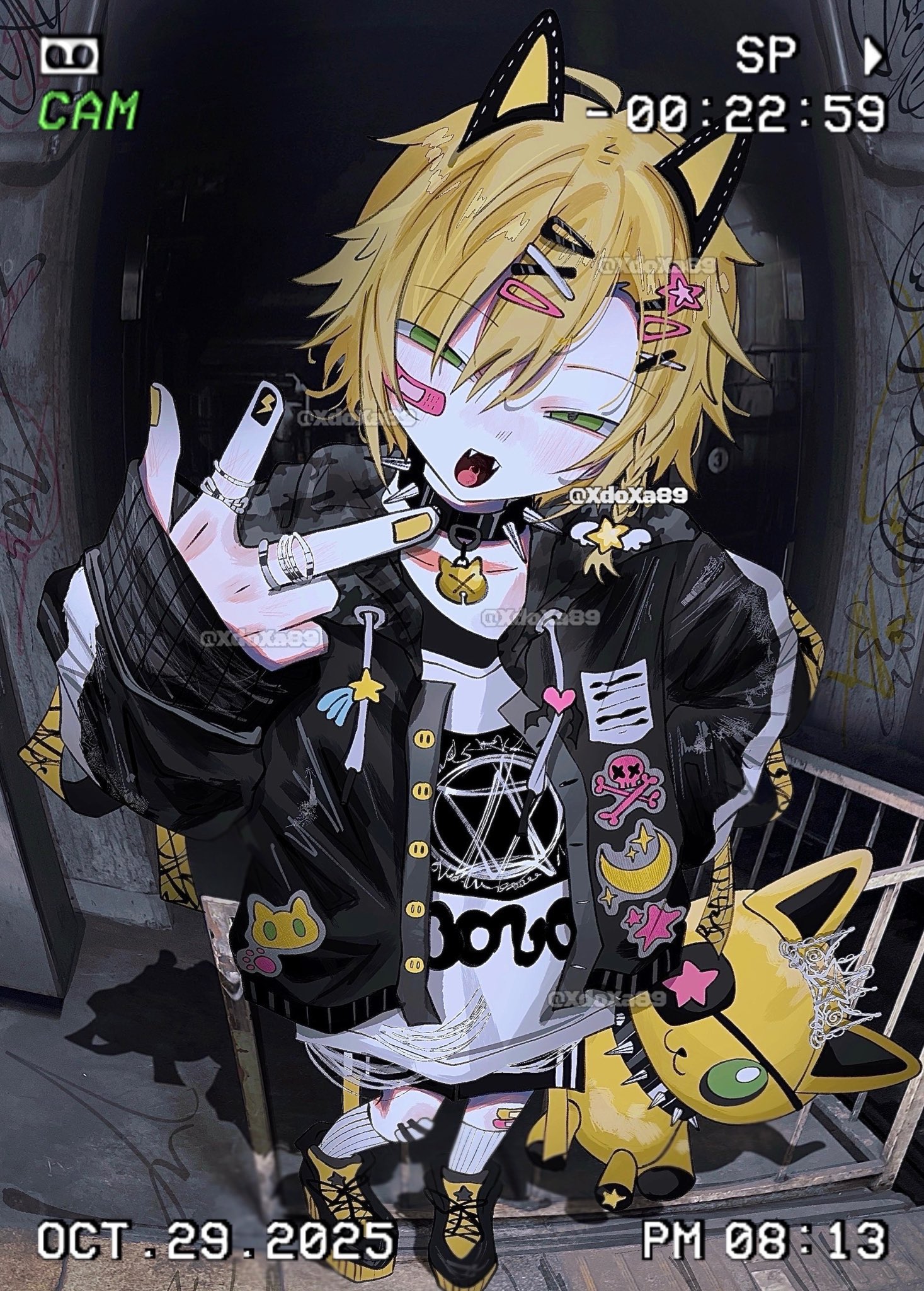 xdoxa89, uzuki kou, nijisanji, commentary, highres, symbol-only commentary, 1boy, alternate costume, animal ears, artist name, bandaid, bandaid on cheek, bandaid on face, bandaid on leg, black jacket, blonde hair, cat ears, collar, dated, fangs, foreshortening, full body, green eyes, hair between eyes, hair ornament, hairclip, holding, holding stuffed toy, jacket, jewelry, looking at viewer, male focus, multiple rings, nail polish, open clothes, open jacket, open mouth, print shirt, ring, shirt, short hair, sleeves past wrists, smile, socks, solo, spiked collar, spikes, standing, stuffed animal, stuffed toy, virtual youtuber, w, white socks