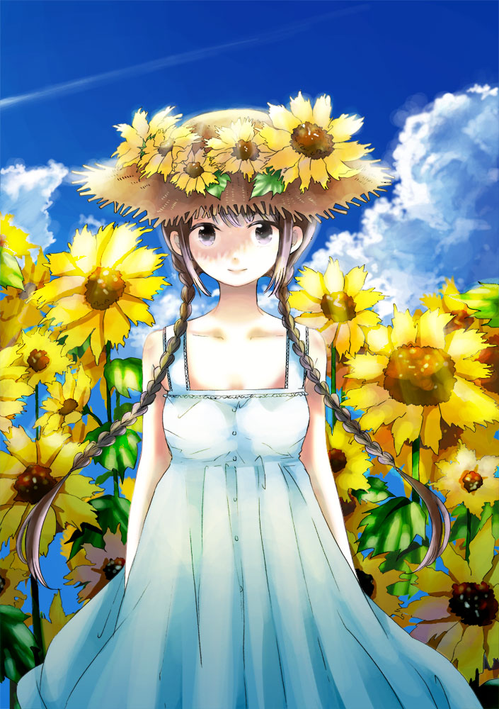 manami (artist), sugano manami, vaayunto yuuki, original, 1girl, braid, brown eyes, brown hair, cloud, day, dress, female focus, flower, hair over shoulder, hat, long hair, sky, smile, solo, straw hat, sunflower, twin braids