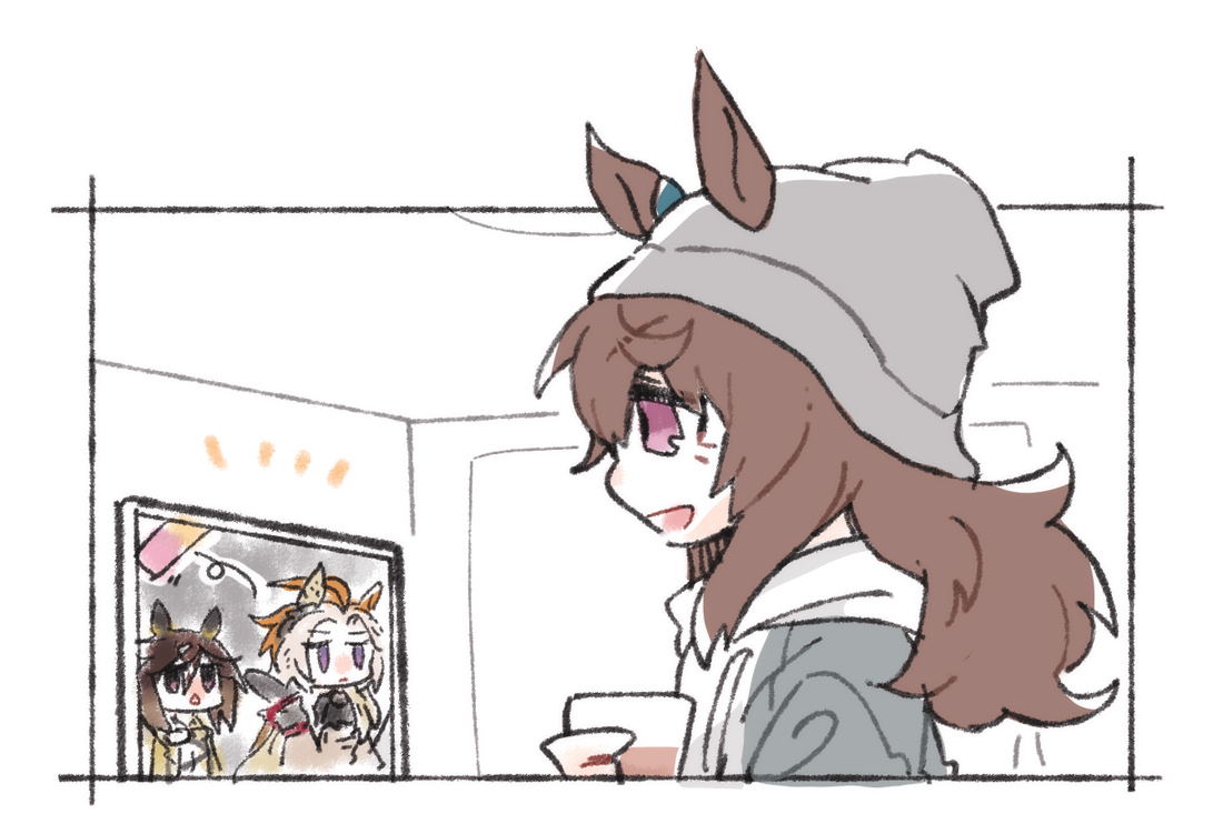 beer hsk, nakayama festa (umamusume), orfevre (umamusume), stay gold (umamusume), umamusume, commentary request, 3girls, :d, animal ears, beanie, brown hair, brown jacket, chibi, ears through headwear, grey hair, grey hat, grey jacket, hair between eyes, hat, holding, horse ears, jacket, long hair, multicolored hair, multiple girls, notice lines, open mouth, orange hair, profile, purple eyes, smile, two-tone hair, upper body
