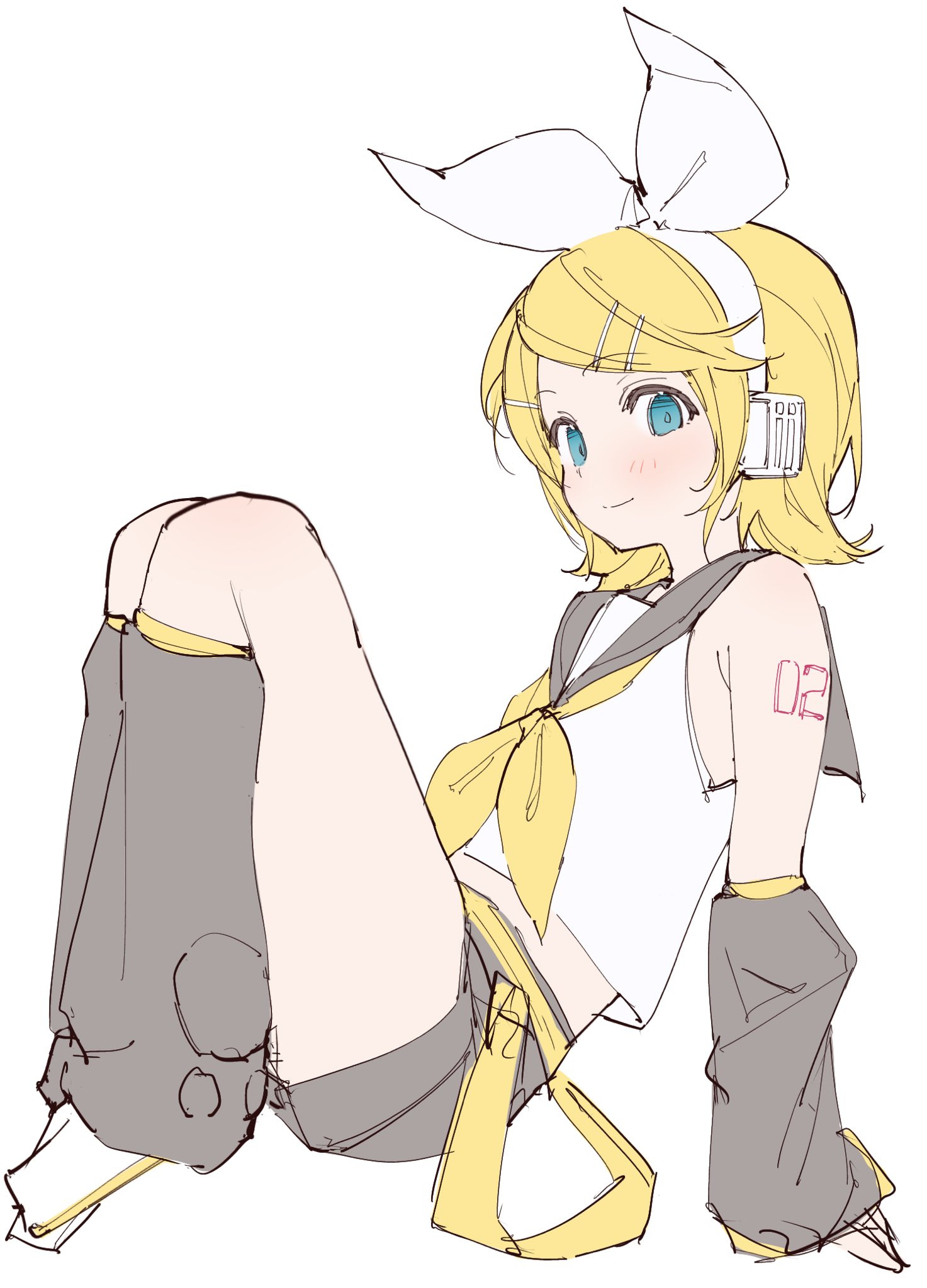 rakugaki ningen, kagamine rin, vocaloid, highres, 1girl, aqua eyes, bare shoulders, blonde hair, blush, bow, breasts, detached sleeves, flat chest, grey leg warmers, grey sailor collar, grey shorts, grey sleeves, hair bow, hair ornament, hairclip, headphones, headset, leg warmers, looking at viewer, midriff, neckerchief, number tattoo, sailor collar, shirt, shoes, short hair, shorts, shoulder tattoo, sideways glance, sitting, sketch, sleeveless, sleeveless shirt, small breasts, smile, sneakers, solo, swept bangs, tattoo, white bow, yellow neckerchief