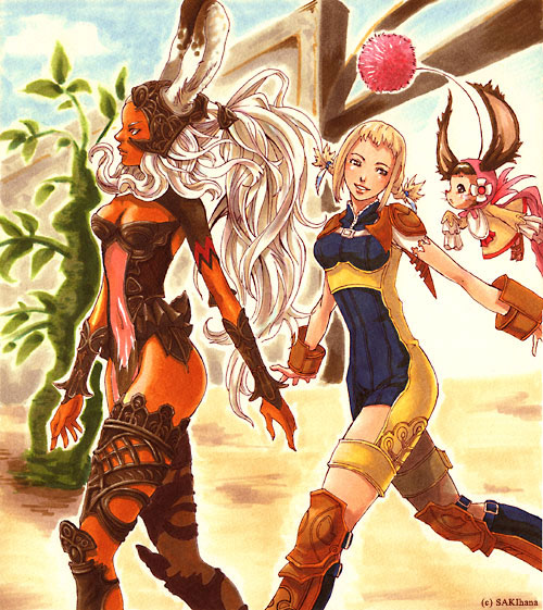 nabeya sakihana, fran (ff12), gurdy, moogle, penelo, final fantasy, final fantasy xii, brown footwear, 00s, 2girls, animal ears, armor, blonde hair, boots, braid, breasts, brown eyes, cleavage, dark-skinned female, dark skin, helmet, hume, long hair, multiple girls, ponytail, rabbit ears, red eyes, revealing clothes, romper, shear clothes, smile, thighhighs, twin braids, twintails, viera, white hair