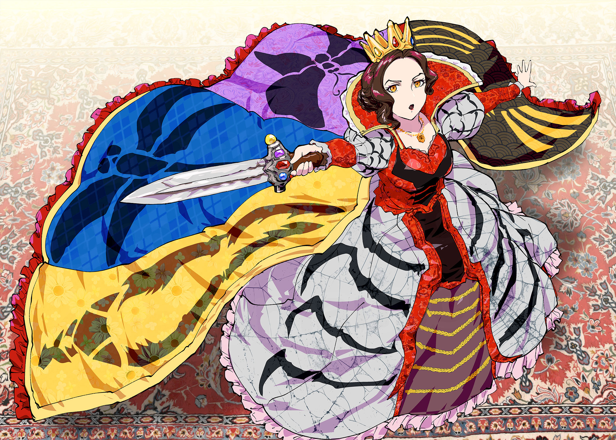 ueyama michirou, ohsama sentai king-ohger, super sentai, commentary request, highres, 1girl, brown hair, cape, crown, curly hair, dress, from above, full body, gold crown, grey dress, holding, holding sword, holding weapon, jeweled crown, jewelry, lipstick, long dress, looking at viewer, makeup, medici collar, mole, mole under mouth, multicolored cape, necklace, open mouth, outstretched arms, personification, solo, standing, sword, weapon, yellow eyes