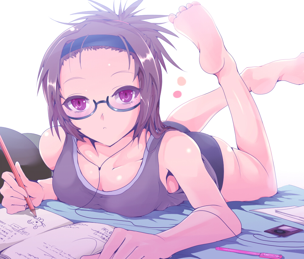 kasai shin, original, drawing, 1girl, :<, ass, bare shoulders, barefoot, bed, black panties, breasts, brown hair, cleavage, digital media player, feet, female focus, forehead, foreshortening, glasses, hairband, hairline, ipod, large breasts, legs up, lying, on stomach, panties, pen, pencil, red eyes, short hair, solo, the pose, underwear, wooden pencil