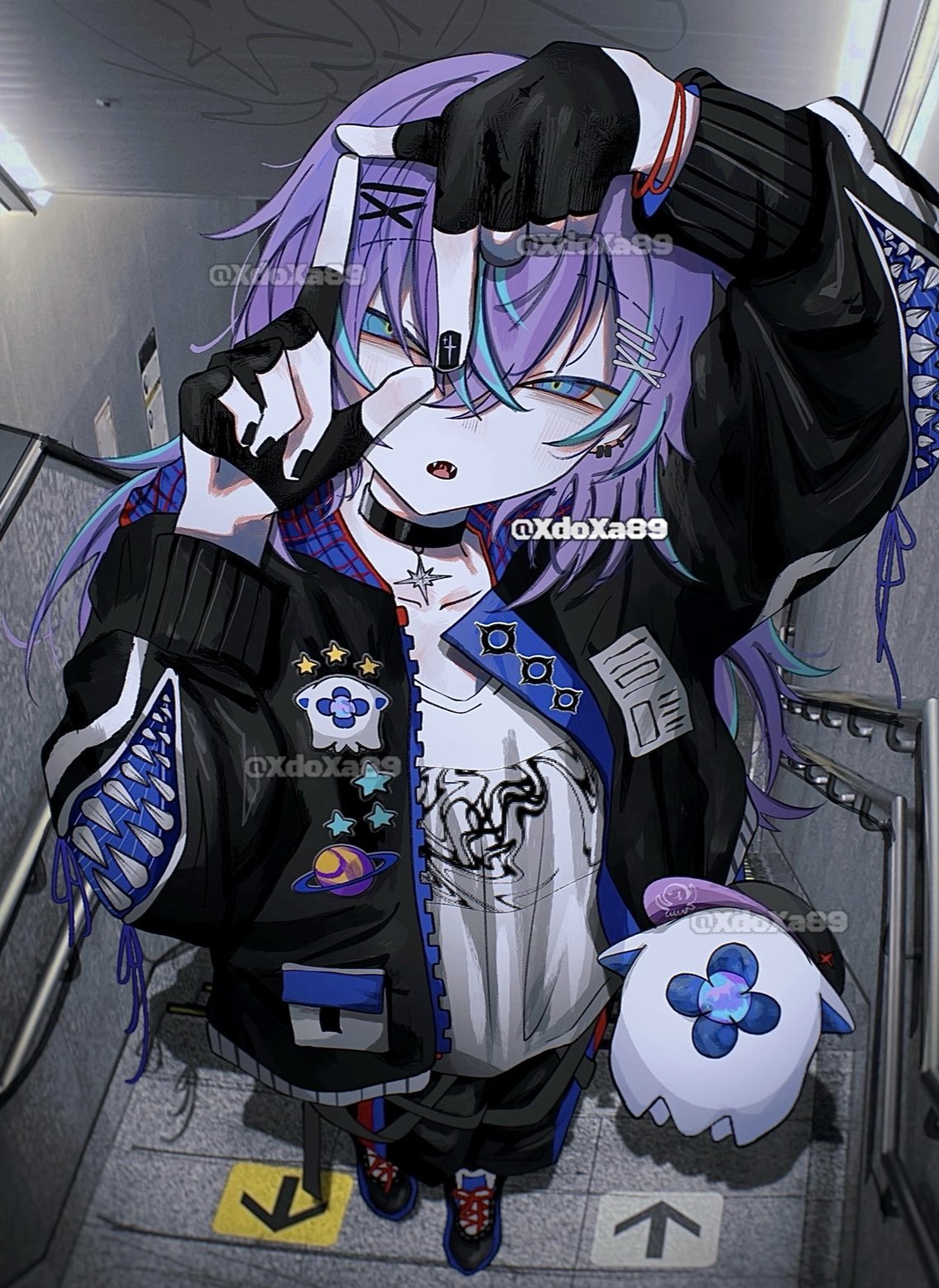 xdoxa89, hoshirube sho, nijisanji, commentary, highres, symbol-only commentary, 1boy, alternate costume, arms up, artist name, black gloves, black jacket, black nails, bracelet, finger frame, finger frame over eye, fingerless gloves, foreshortening, full body, gloves, hair between eyes, hair ornament, hairclip, jacket, jewelry, long hair, long sleeves, looking at viewer, male focus, multicolored hair, open clothes, open jacket, open mouth, print shirt, purple hair, railing, shirt, solo, streaked hair, virtual youtuber