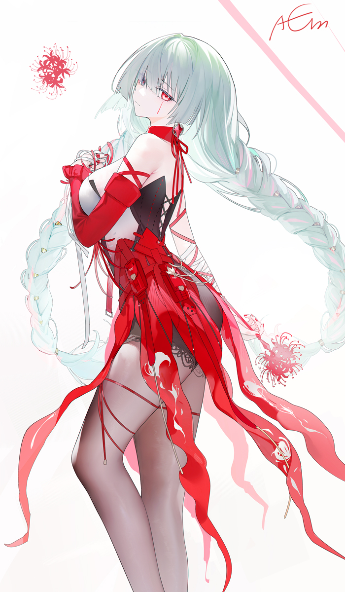 omone hokoma agm, phrolova (wuthering waves), wuthering waves, commentary, highres, 1girl, bandaged arm, bandages, bare shoulders, black pantyhose, black shorts, blood, bloody tears, braid, breasts, closed mouth, detached sleeves, dress, feet out of frame, fingernails, flower, from side, grey eyes, grey hair, halter dress, halterneck, heterochromia, long hair, looking at viewer, looking to the side, low twin braids, medium breasts, multicolored hair, nail polish, pantyhose, red dress, red eyes, red nails, shorts, signature, single detached sleeve, solo, spider lily, streaked hair, twin braids, very long hair