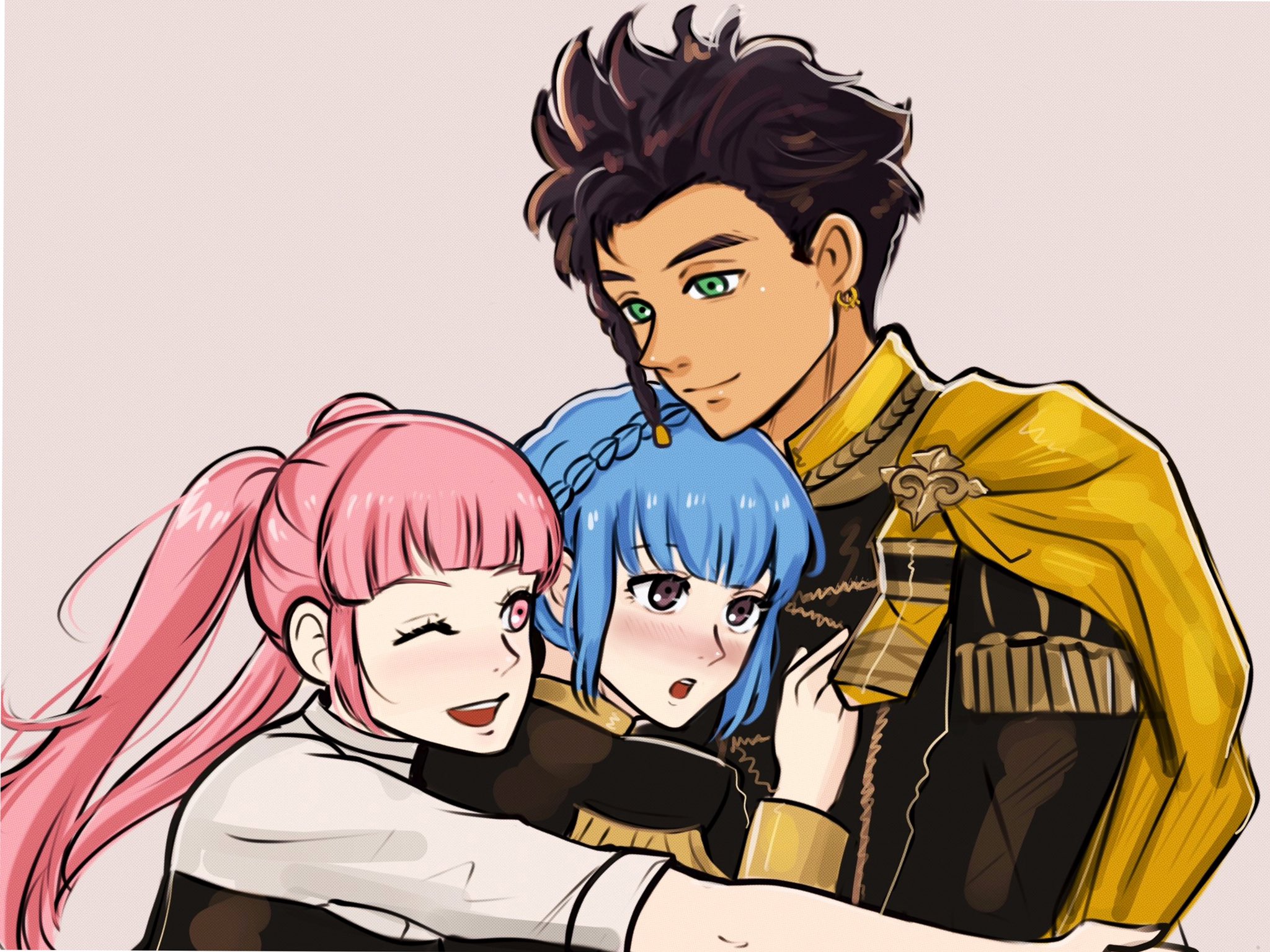 hunnymzdraws, claude von riegan, hilda valentine goneril, marianne von edmund, fire emblem, fire emblem: three houses, nintendo, highres, 1boy, blue hair, brown eyes, brown hair, green eyes, hug, pink eyes, pink hair