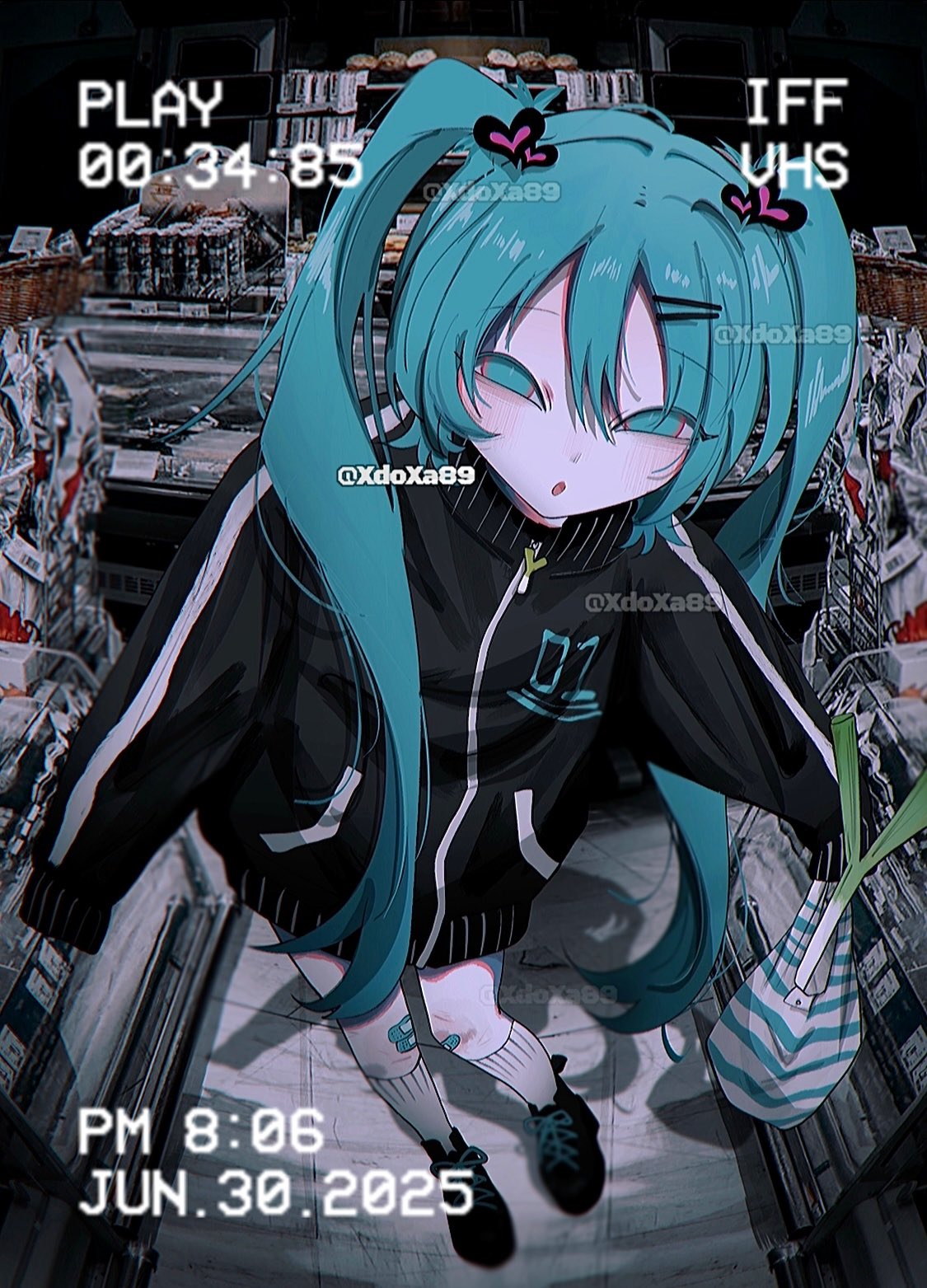 xdoxa89, hatsune miku, vocaloid, commentary, highres, symbol-only commentary, 1girl, alternate costume, aqua eyes, aqua hair, artist name, bag, bandaid, bandaid on knee, bandaid on leg, black jacket, blush, dated, foreshortening, from above, full body, hair ornament, hairclip, holding, holding bag, jacket, long hair, long sleeves, looking at viewer, open mouth, sleeves past fingers, sleeves past wrists, socks, solo, spring onion, standing, twintails, white socks