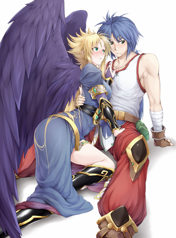 taka yanagi, takayanagi (artist), nina (breath of fire ii), ryu (breath of fire ii), breath of fire, breath of fire ii, capcom, bad id, bad pixiv id, 1boy, 1girl, angel wings, black wings, blonde hair, blue hair, blush, boots, breast press, breasts, couple, green eyes, hetero, knee boots, legs, long hair, shy, thighs, wings