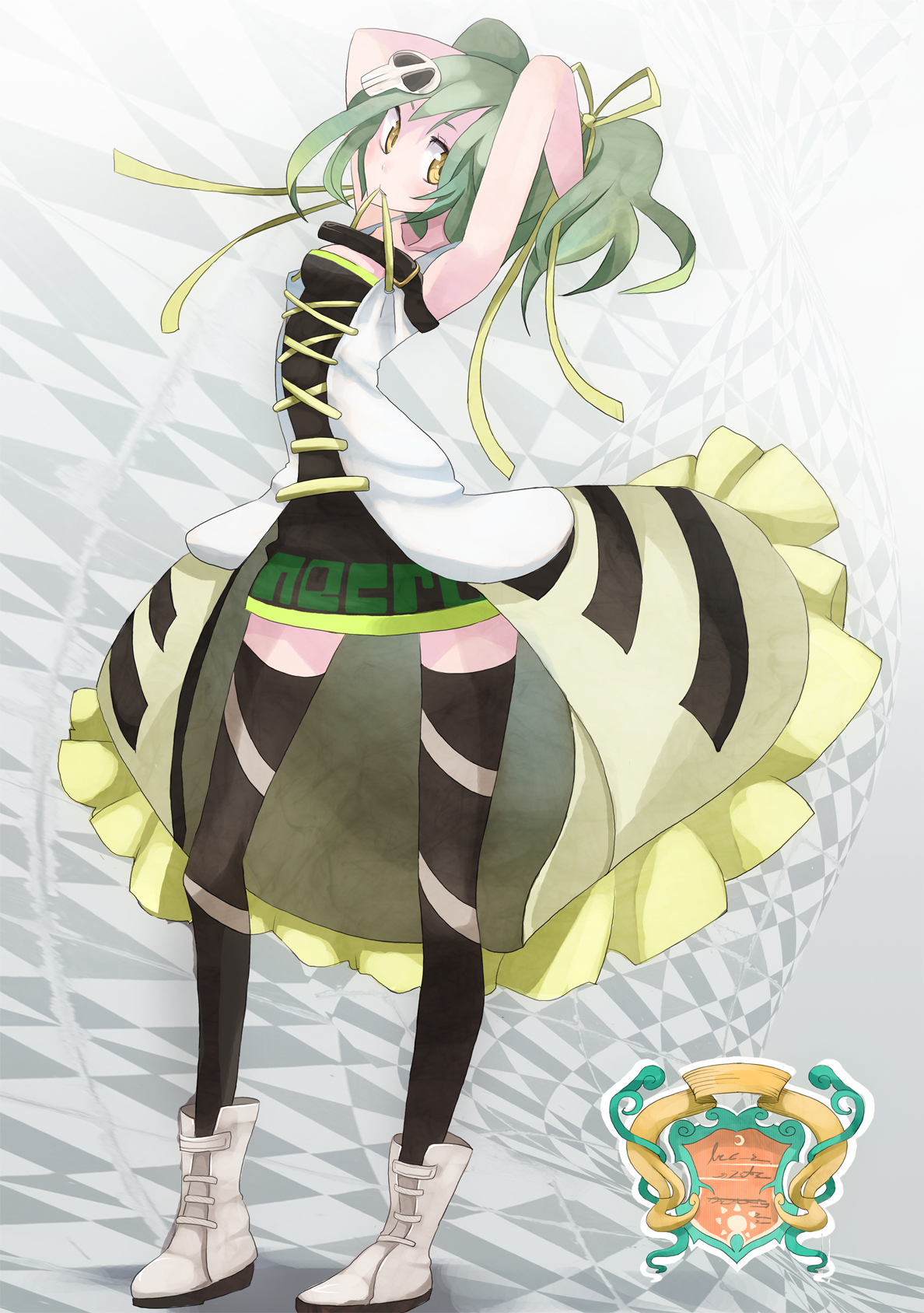 tansuke, original, highres, adjusting hair, armpits, arms behind back, arms up, black thighhighs, boots, dress, green hair, hair ribbon, long hair, mouth hold, ribbon, skull, solo, striped clothes, striped thighhighs, thighhighs, yellow eyes