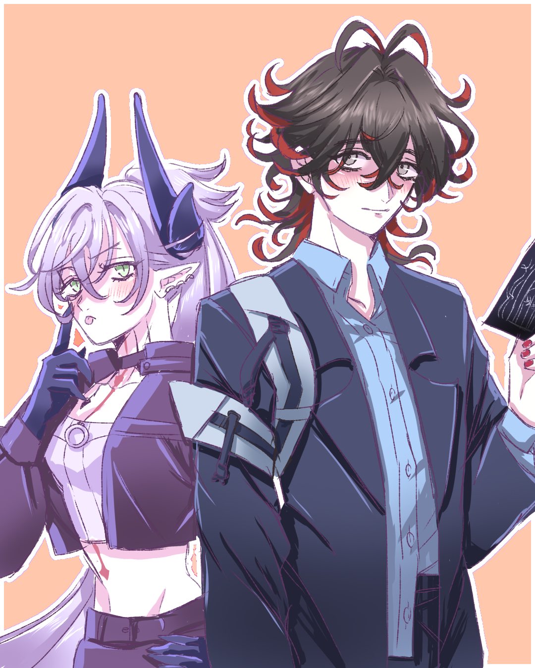 dante alighieri (fate), lilith (fate), fate/grand order, fate (series), commentary request, highres, 1boy, 1girl, black hair, breasts, bushon 3, chest tattoo, cleavage, colored inner hair, demon horns, green eyes, grey eyes, horns, large breasts, lilith (over the same sky) (fate), long hair, midriff, multicolored hair, red hair, short hair, tattoo, tongue, tongue out, twintails, white hair