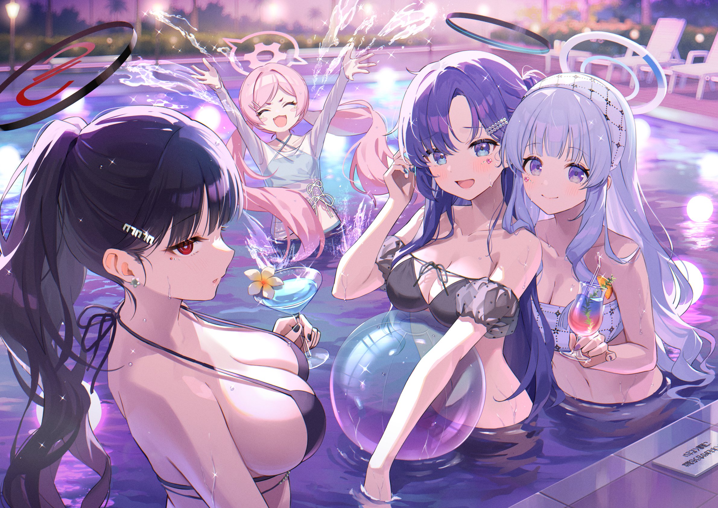 momomoi momoi, koyuki (blue archive), noa (blue archive), rio (blue archive), yuuka (blue archive), blue archive, commentary request, highres, 4girls, :d, ^ ^, alternate costume, arms up, ball, bare shoulders, beachball, bikini, black bikini, black hair, black halo, black nails, blue bikini, blue eyes, blue nails, blush, breasts, cleavage, closed eyes, closed mouth, cocktail glass, collarbone, cup, drinking glass, flat chest, from side, grey hair, grey halo, halo, hand up, holding, holding cup, large breasts, long hair, multiple girls, navel, open mouth, outdoors, pink hair, pink halo, ponytail, purple eyes, red eyes, seminar (blue archive), shirt, smile, splashing, stomach, swimsuit, twintails, very long hair, wet, wet clothes, wet shirt, white shirt