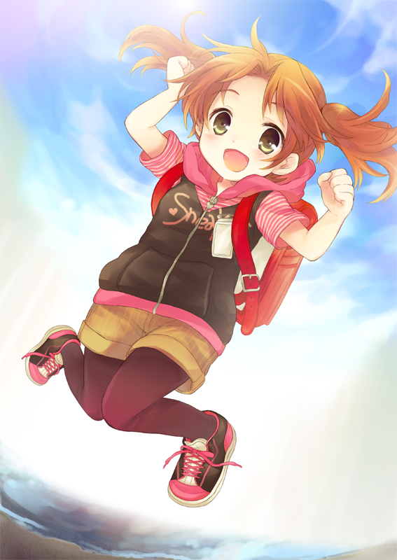tachitsu teto, original, bookbag, 1girl, :d, bag, brown hair, child, day, female focus, hood, hoodie, jumping, knees together feet apart, lens flare, midair, open mouth, pantyhose, shoes, short hair, sky, smile, sneakers, solo, twintails, yellow eyes