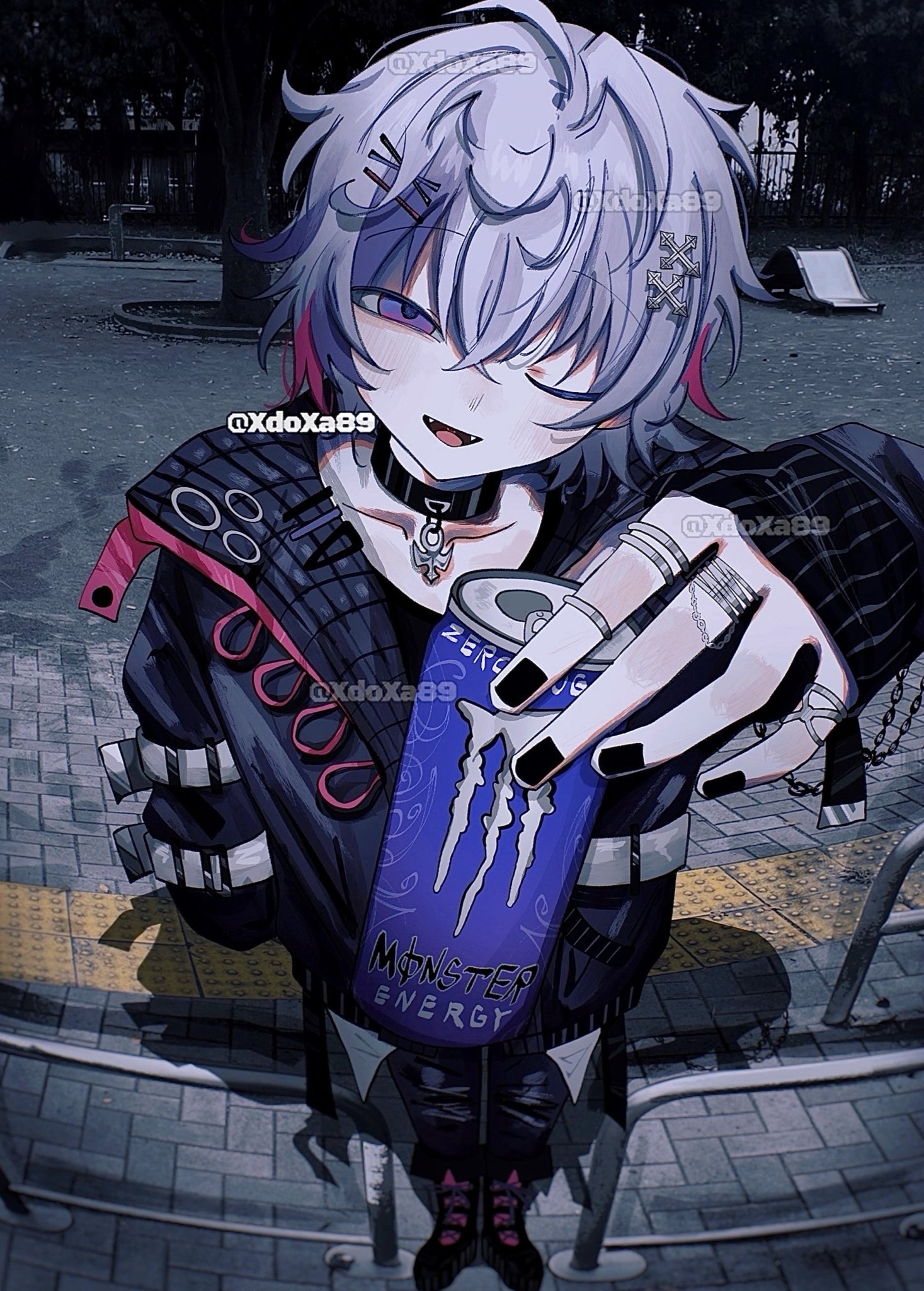 xdoxa89, fuwa minato, monster energy, nijisanji, commentary, highres, symbol-only commentary, 1boy, alternate costume, arm up, artist name, black choker, black jacket, black pants, can, choker, foreshortening, full body, grey hair, hair between eyes, hair ornament, hairclip, holding, holding can, jacket, long sleeves, looking at viewer, male focus, multicolored hair, one eye closed, outstretched arm, pants, purple eyes, screenshot background, short hair, solo, streaked hair, virtual youtuber, x hair ornament