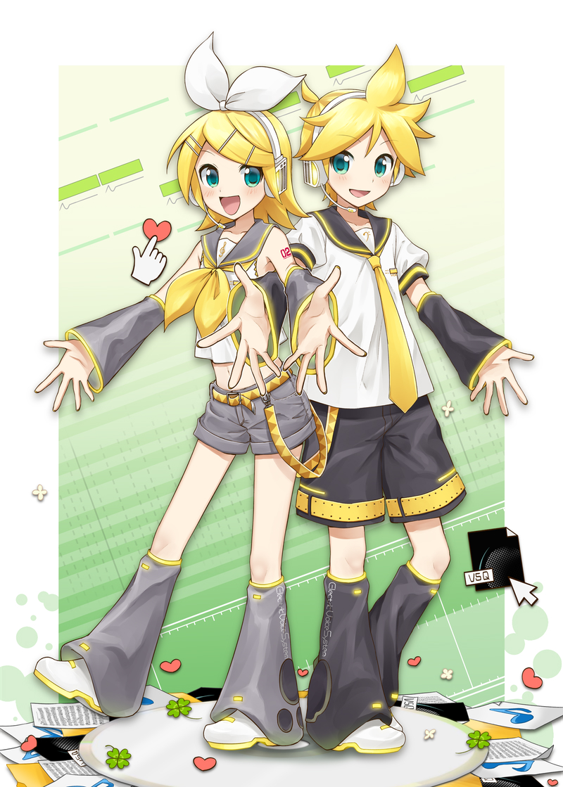 sudachi (calendar), kagamine len, kagamine rin, vocaloid, commentary request, 1boy, 1girl, aqua eyes, bare shoulders, bass clef, belt, black sailor collar, black shorts, black sleeves, blonde hair, bow, brother and sister, clover, cursor, detached sleeves, flat chest, four-leaf clover, grey sailor collar, grey shorts, grey sleeves, hair bow, hair ornament, hairclip, headphones, headset, heart, leg warmers, light blush, locked arms, looking at viewer, midriff, navel, neckerchief, necktie, number tattoo, open mouth, orange belt, sailor collar, shirt, short hair, shorts, shoulder tattoo, siblings, skinny, sleeveless, sleeveless shirt, smile, tattoo, treble clef, twins, vocaloid editor, vsq, white bow, yellow neckerchief, yellow necktie