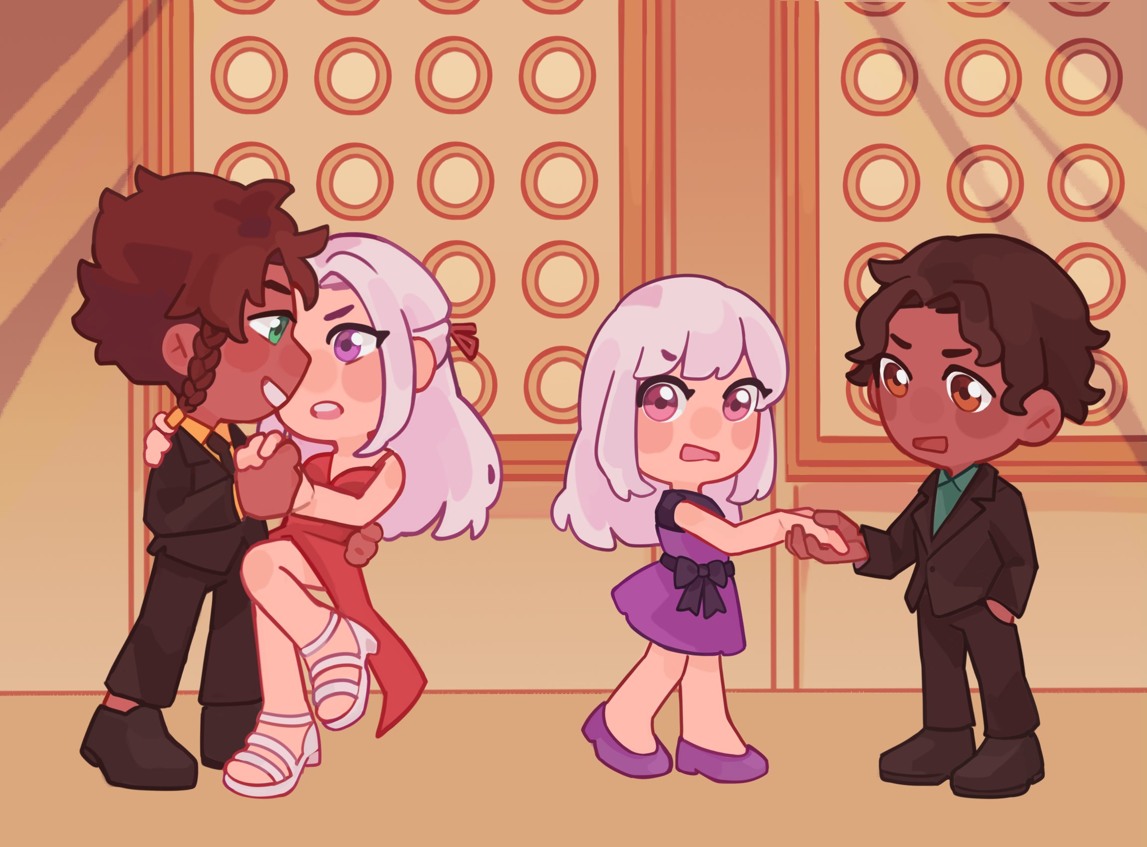 rzuu, claude von riegan, cyril (fire emblem), edelgard von hresvelg, lysithea von ordelia, fire emblem, fire emblem: three houses, nintendo, highres, third-party source, brown eyes, brown hair, dress, formal clothes, green eyes, pink eyes, purple dress, purple eyes, red dress, suit, white hair