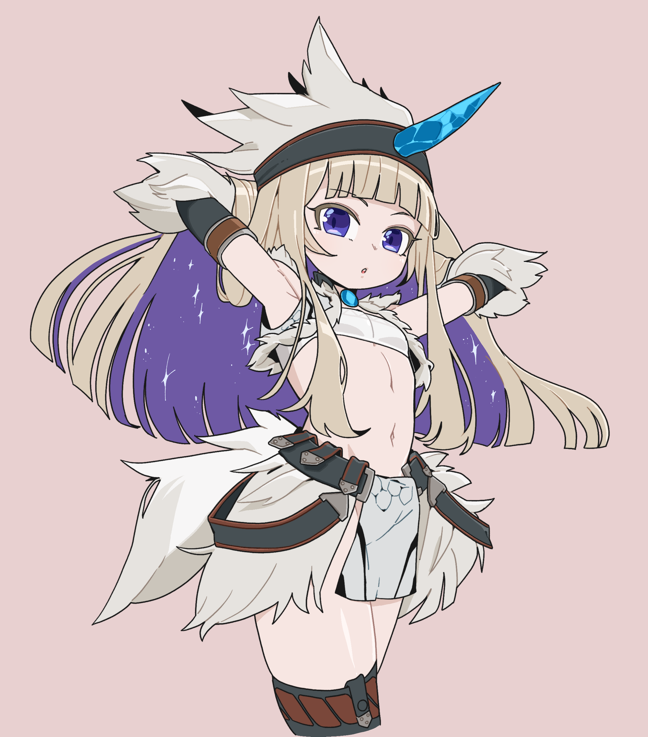 jushikuroni, amanogawa shiina, monster hunter (series), phase connect, tagme, armpits, arms up, blonde hair, flat chest, kirin (armor), midriff, navel, purple eyes, purple hair, virtual youtuber