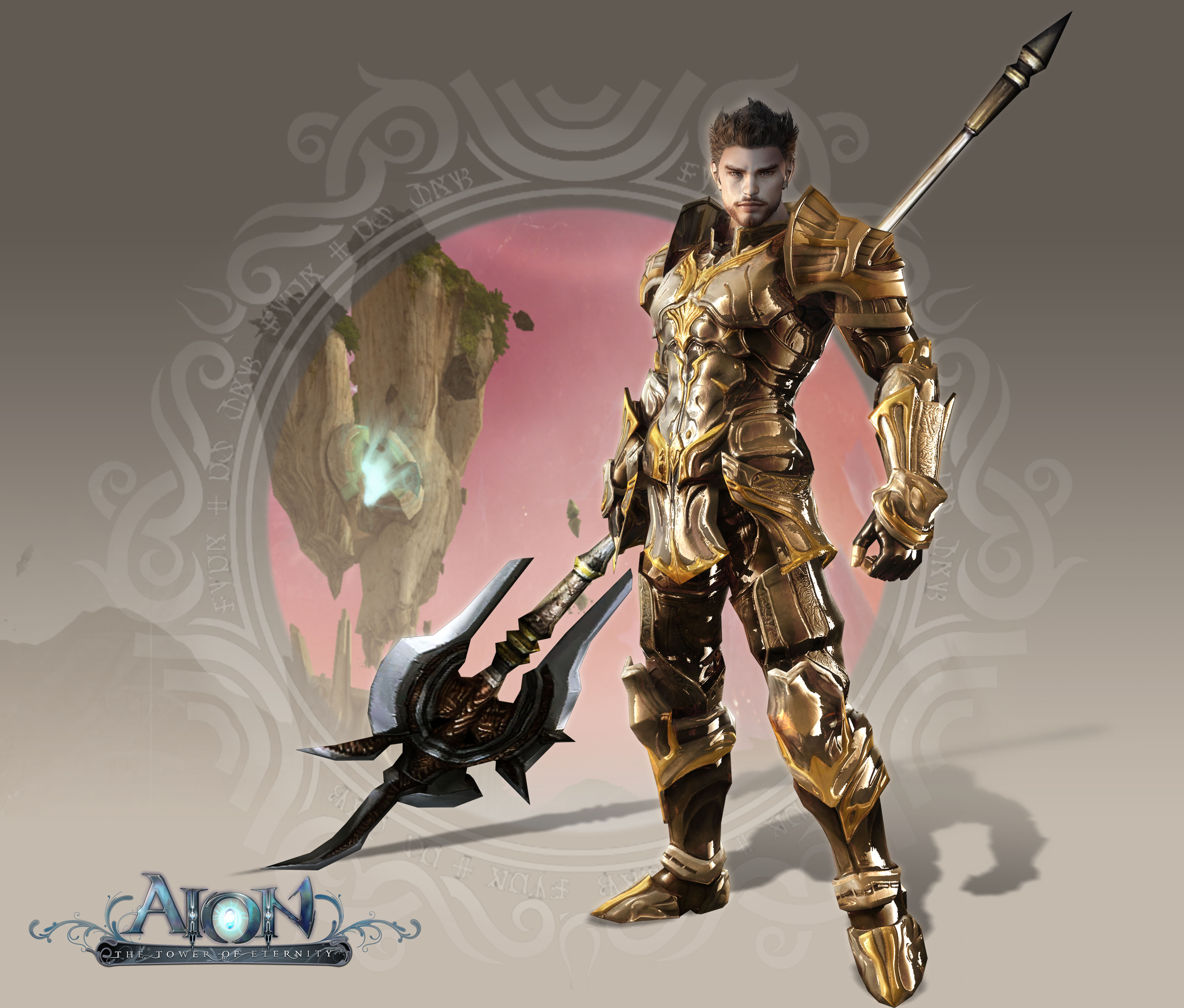 elyos, aion, absurdres, highres, official art, 1boy, armor, brown hair, male focus, polearm, solo, weapon