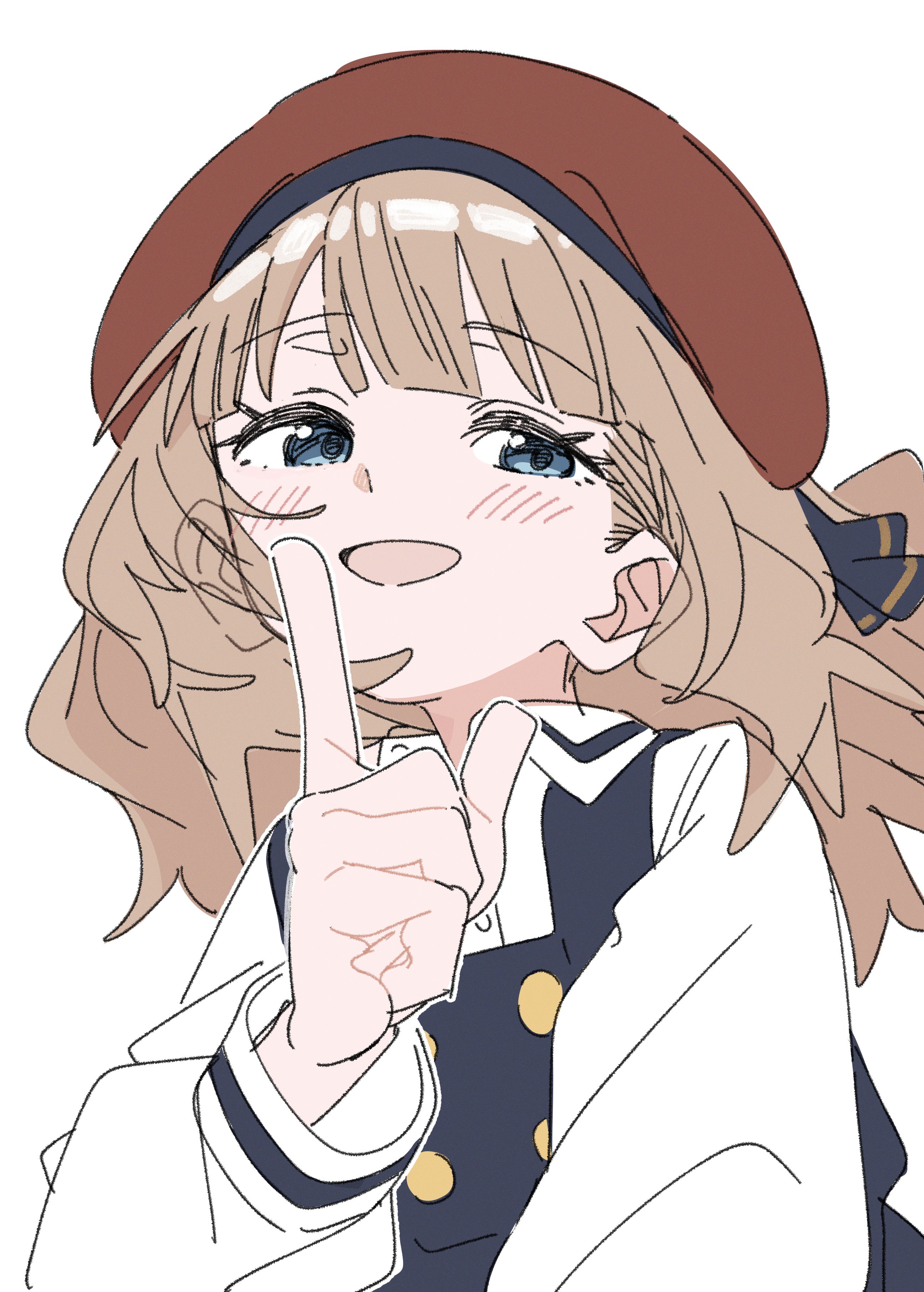 meeeeeeco359, suou momoko, idolmaster, idolmaster million live!, 1girl, brown hair, hat, index finger raised, smile, solo