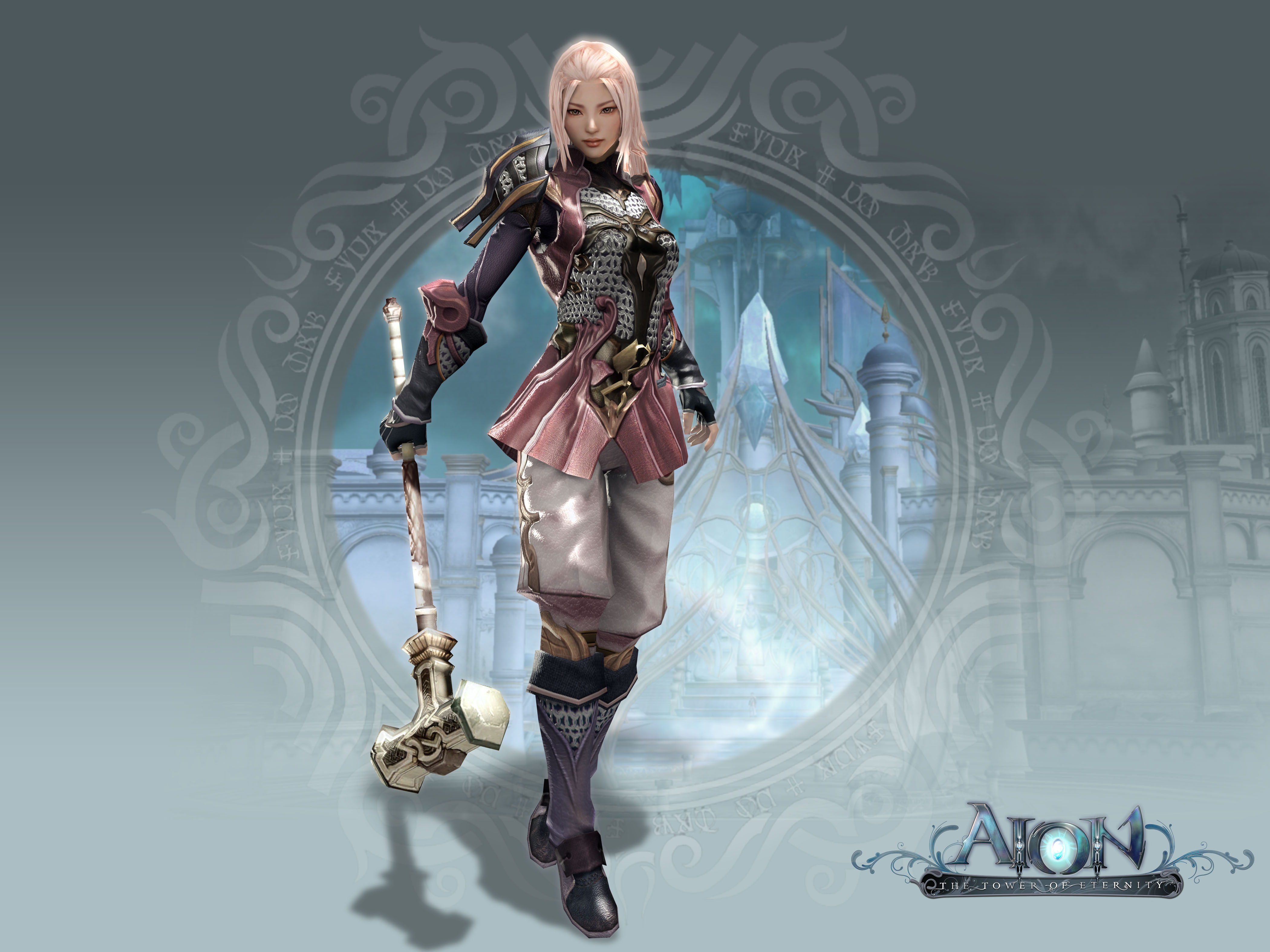elyos, aion, absurdres, highres, official art, 1girl, 3d, armor, boots, chainmail, female focus, hammer, pink hair, solo, war hammer, warhammer, weapon
