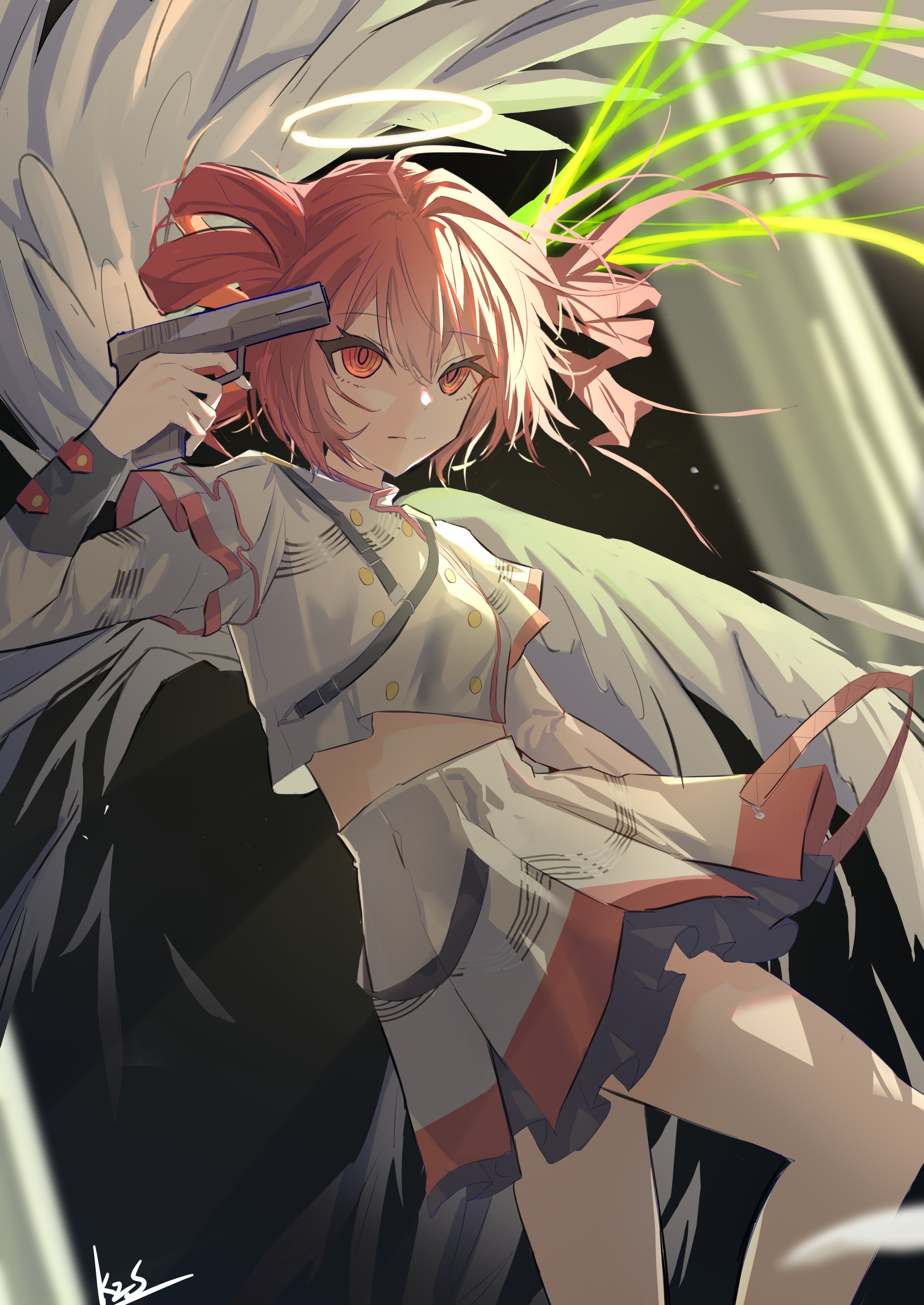 k2s, kasane teto, kasane teto (sv), synthesizer v, utau, absurdres, hashtag-only commentary, highres, 1girl, artist name, belt, black belt, buttons, closed mouth, double-breasted, double-parted bangs, drill hair, grey jacket, grey skirt, gun, gun to head, hair between eyes, halo, holding, holding gun, holding weapon, jacket, layered sleeves, long sleeves, midriff, red eyes, red hair, red trim, short over long sleeves, short sleeves, shoulder belt, signature, skirt, skirt set, sleeve cuffs, twin drills, weapon, white halo, white wings, wings