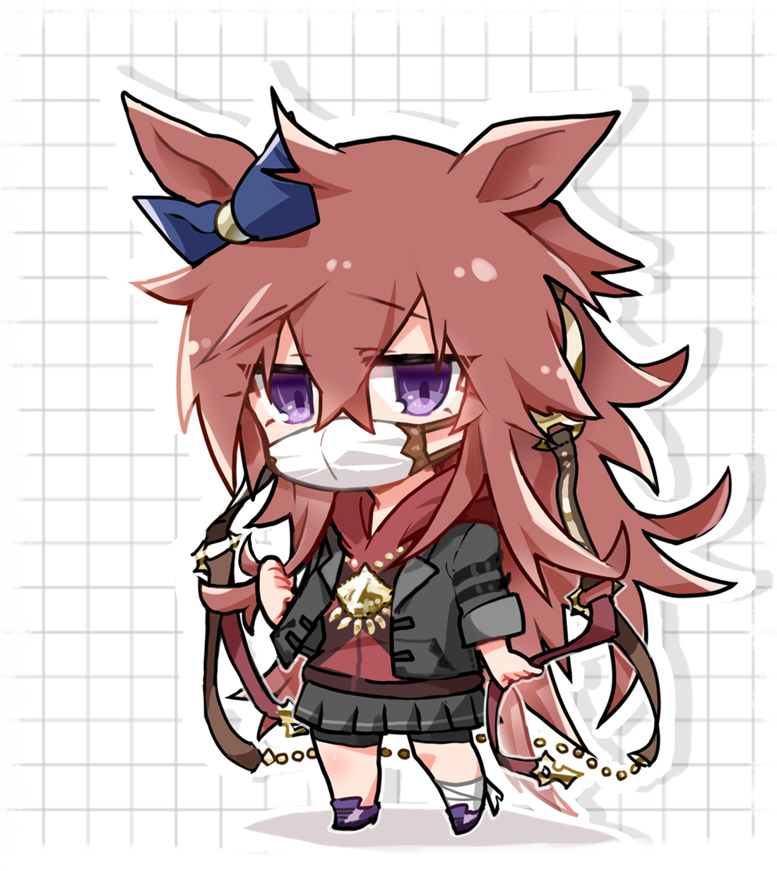 beer hsk, orfevre (old design) (umamusume), umamusume, commentary request, highres, 1girl, animal ears, bandaged leg, bandages, bike shorts, black shorts, blue bow, bow, brown hair, chibi, drop shadow, ear bow, full body, grey jacket, grey skirt, grid background, hair between eyes, hood, hood down, hoodie, horse ears, horse girl, horse tail, jacket, long hair, mask, mouth mask, open clothes, open jacket, pleated skirt, purple eyes, purple shoes, red hoodie, shoes, shorts, shorts under skirt, skirt, solo, standing, tail, very long hair