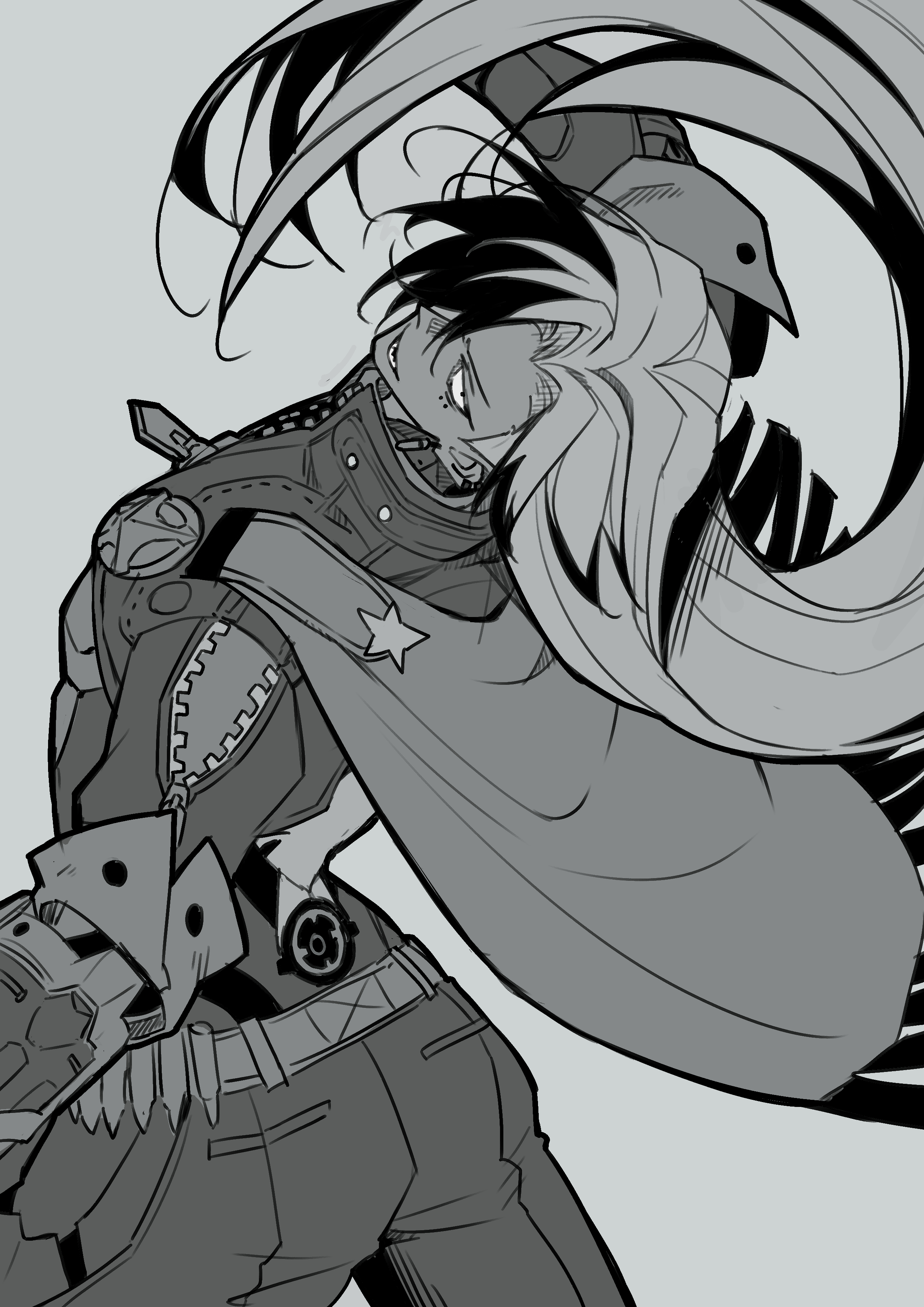 boothill (honkai: star rail), honkai: star rail, honkai (series), absurdres, highres, 1boy, belt, cape, collared jacket, cropped jacket, floating hair, grey background, greyscale, hair over one eye, jacket, long hair, looking at viewer, male focus, monochrome, mrsw0911, one eye covered, open mouth, pants, shell casing, sheriff badge, simple background, sleeve cuffs, smile, solo, very long hair