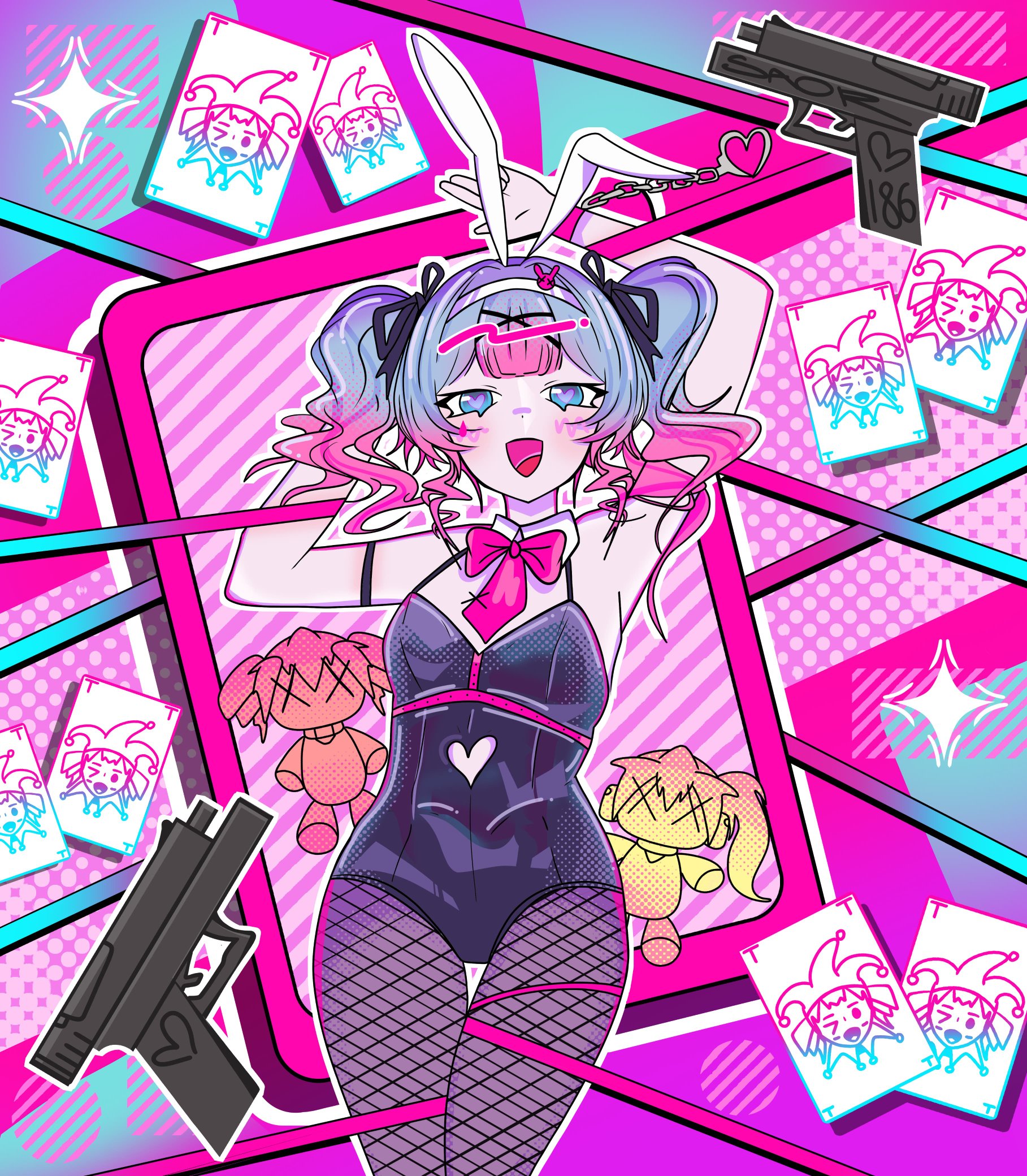 akita neru, hatsune miku, kasane teto, rabbit hole (vocaloid), commentary, english commentary, highres, 3girls, animal ears, bare shoulders, black leotard, blue eyes, blue hair, blunt bangs, bow, bowtie, card, cellphone, chibi, clothing cutout, cuffs, cutout above navel, detached collar, fake animal ears, fishnet pantyhose, fishnets, gradient hair, gun, hair ornament, halftone, halftone background, handcuffs, heart, heart-shaped pupils, heart cutout, joker (playing card), leotard, long hair, looking at viewer, multicolored hair, multiple girls, necktie, neon palette, pantyhose, phone, pink bow, pink bowtie, pink hair, pink necktie, pink pupils, playboy bunny, playing card, rabbit ears, ribbon, saor186, short necktie, smartphone, smile, solo focus, symbol-shaped pupils, teardrop facial mark, twintails, wavy hair, weapon, x hair ornament, x x