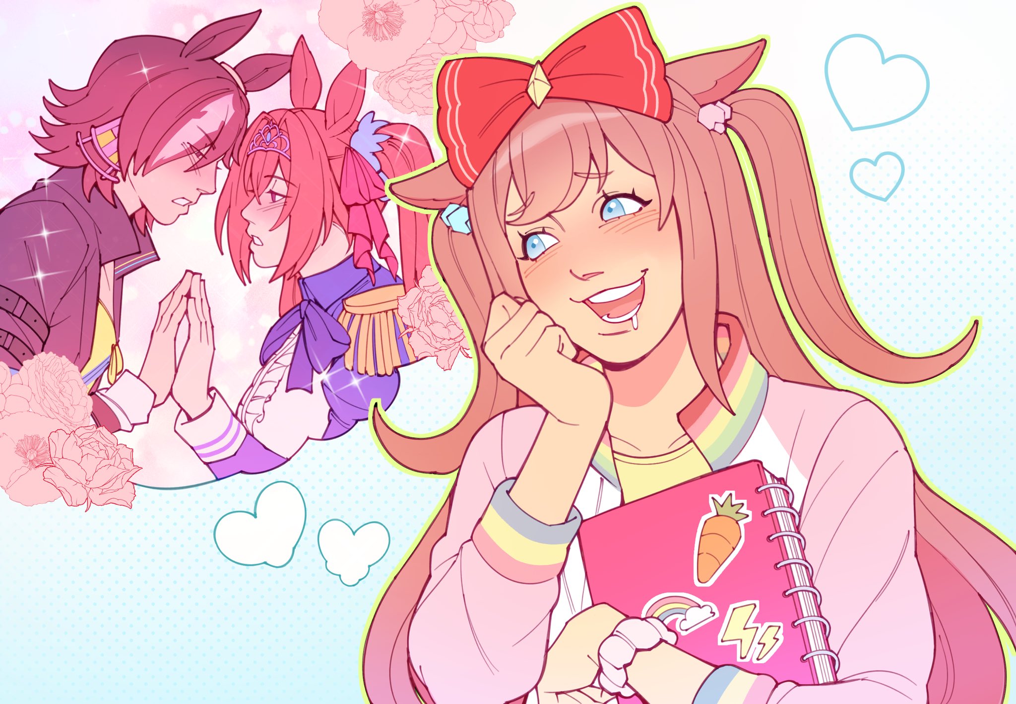 ullaiin, agnes digital (casual) (umamusume), agnes digital (umamusume), daiwa scarlet (peak blue) (umamusume), daiwa scarlet (umamusume), vodka (umamusume), vodka (wild top gear) (umamusume), umamusume, commentary, english commentary, highres, 3girls, animal ears, arm belt, belt, black belt, black jacket, blue background, blue bow, blue bowtie, blue eyes, blue jacket, blue scrunchie, blush, bow, bowtie, brown hair, carrot, center frills, clenched hand, collared jacket, crop top, diamond hair ornament, drooling, ear ornament, epaulettes, eye contact, eyelashes, eyes visible through hair, face-to-face, flower, frills, gradient background, green outline, hair between eyes, hair bobbles, hair bow, hair ornament, hair over one eye, hair scrunchie, halftone, halftone background, hand on own cheek, hand on own face, hand to hand, happy, heart, high collar, himejoshi, holding, holding notebook, horse ears, horse girl, imagining, imminent kiss, jacket, jersey, large bow, leather, leather jacket, lightning bolt symbol, long hair, long sleeves, looking at another, looking to the side, multiple girls, notebook, open clothes, open jacket, open mouth, orange hair, outline, pink flower, pink hair, pink scrunchie, pink sleeves, poppy (flower), print jacket, rainbow print, raised inner eyebrows, red bow, red eyes, ribbon, scrunchie, shirt, short hair, sidelocks, sleeve cuffs, smile, speech bubble, sticker, teeth, thought bubble, tiara, twintails, two-tone background, two side up, upper body, very long hair, white background, white jacket, white shirt, wrist scrunchie, yellow ribbon, yellow shirt, yuri