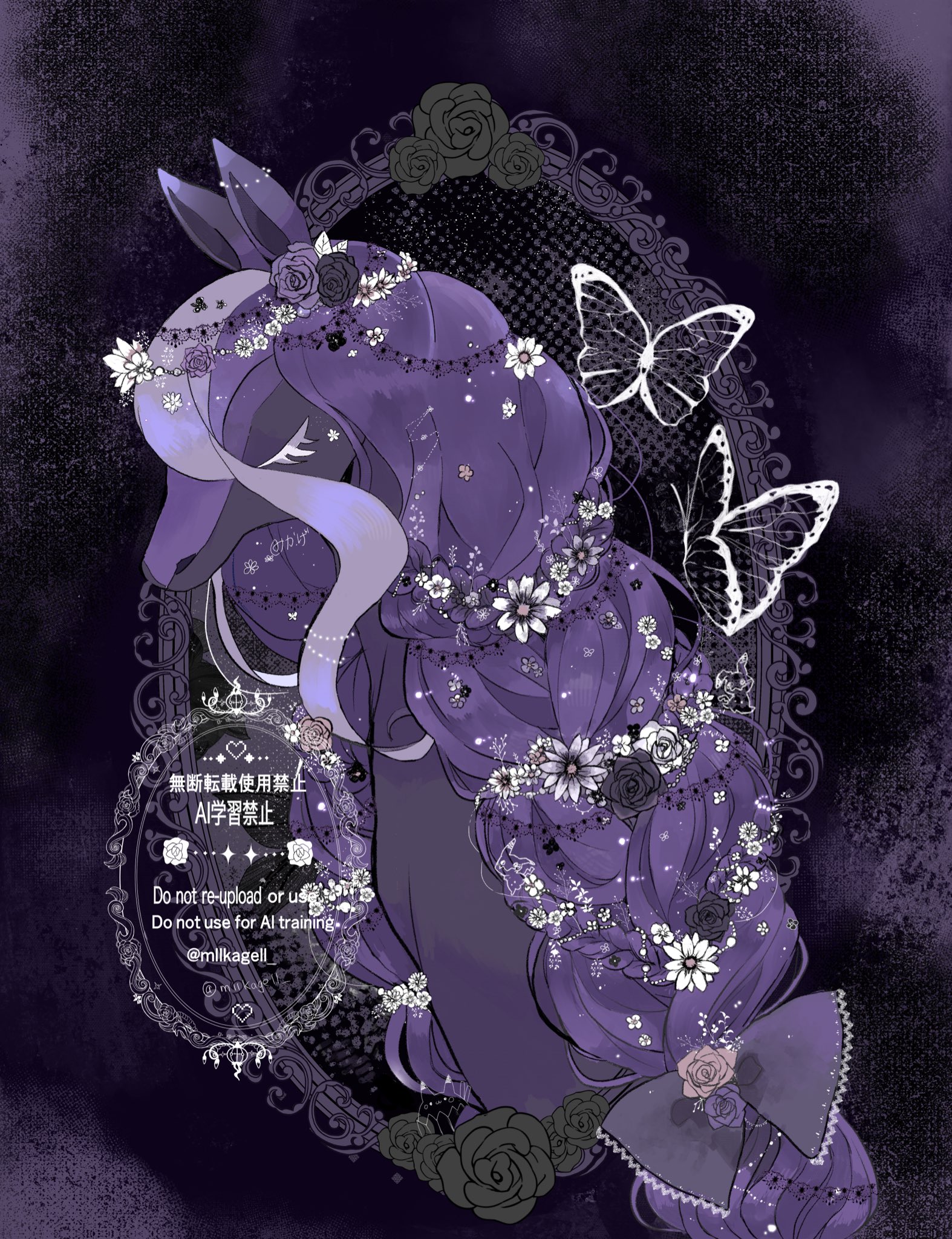 miikagell, spectrier, nintendo, pokemon, commentary request, highres, animal focus, bow, bug, butterfly, closed eyes, closed mouth, flower, hair flower, hair ornament, horse, insect, no humans, pokemon (creature), portrait, purple flower, purple hair, purple rose, purple theme, rose, solo, twitter username