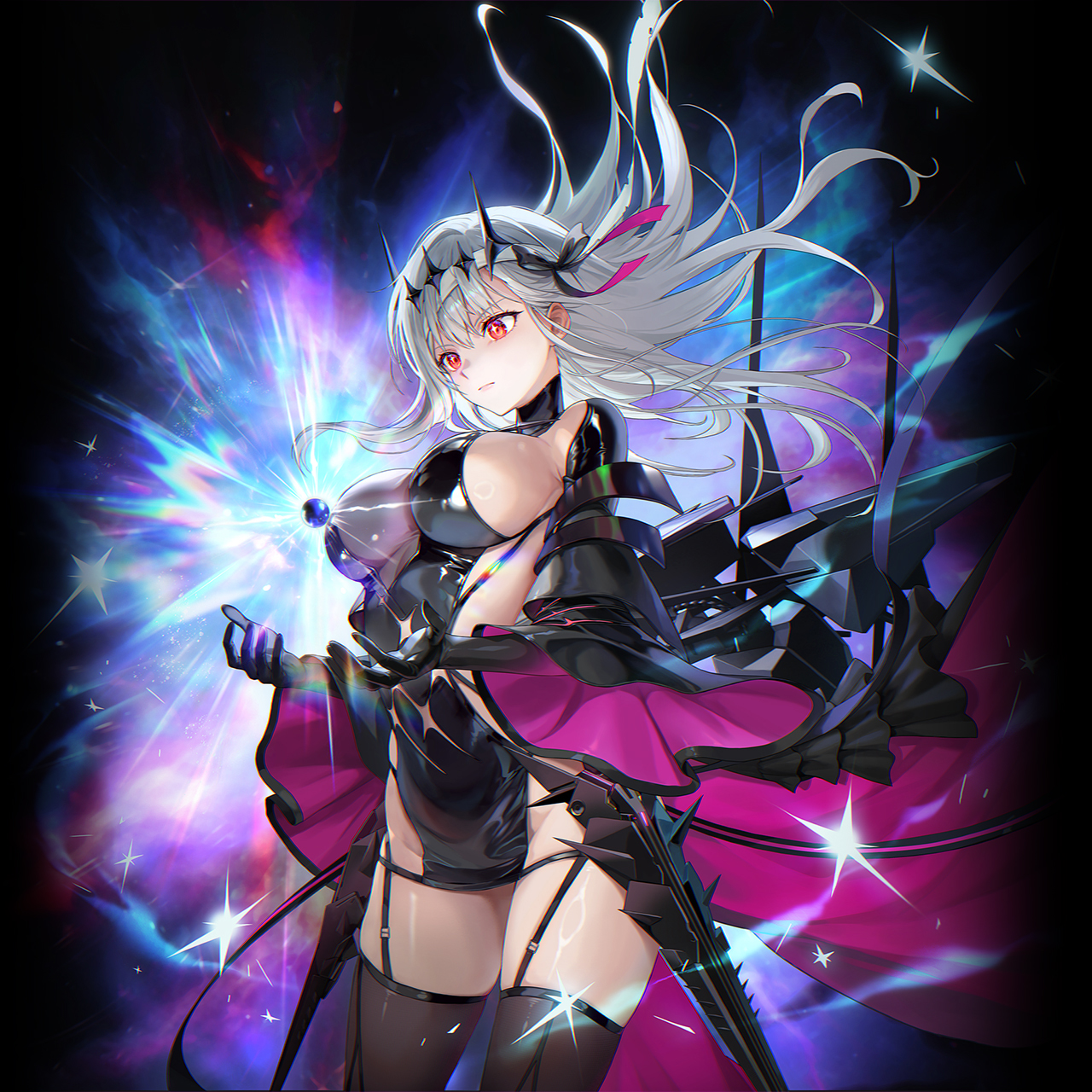maya (m4yatic), modernia (nikke), modernia (second affection) (nikke), goddess of victory: nikke, commentary request, highres, official art, 1girl, bandaged head, bandages, black crown, black gloves, black tiara, crown, gloves, glowing, glowing eyes, grey hair, official alternate costume, red eyes, see-through cleavage, see-through clothes, solo, tiara