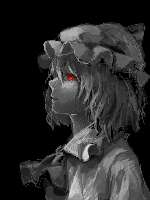 shion (mamuring), shionty, remilia scarlet, touhou, bad id, bad pixiv id, 1girl, female focus, grey theme, greyscale, monochrome, portrait, profile, red eyes, short hair, solo, spot color