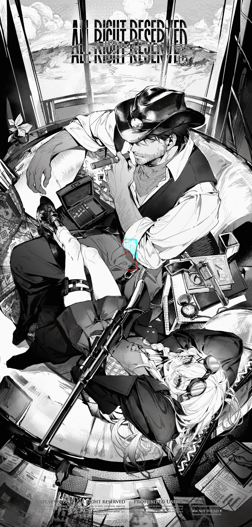 asa moi, original, animated, animated gif, highres, non-repeating animation, 1boy, 1girl, animal ear fluff, animal ears, arms behind head, beard, beard stubble, boots, braid, cigar, cigar box, closed mouth, couch, cowboy hat, eyelashes, eyewear on head, facial hair, fang, greyscale, gun, hair between eyes, hair ornament, hairpin, hat, holding, holding cigar, indoors, jacket, lips, looking at viewer, lying, monochrome, muscular, muscular male, newspaper, open mouth, pants, paper, plant, pocket watch, red theme, shirt, shoes, short hair, shorts, sidelocks, sitting, sleeves rolled up, smoke, smoking, stubble, table, teeth, thighs, tongue, tongue out, watch, watermark, weapon, window