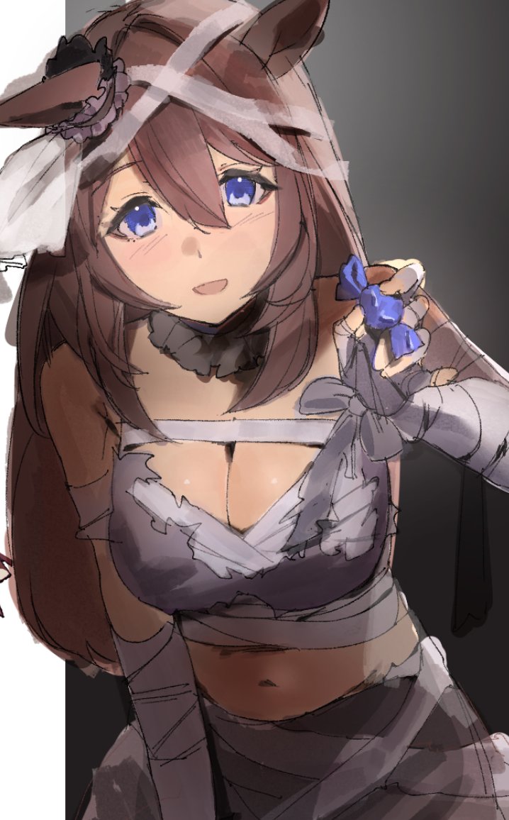 commeowdore, super creek (chiffon ribbon mummy) (umamusume), super creek (umamusume), umamusume, commentary, english commentary, 1girl, animal ears, bandaged arm, bandaged chest, bandaged hand, bandaged head, bandaged waist, bandages, bare shoulders, black collar, blue eyes, bow, breasts, brown hair, candy, cleavage, collar, cowboy shot, crop top, detached collar, dot nose, ear ornament, eyelashes, food, frilled collar, frills, giving food, grey background, grey bow, grey shirt, grey skirt, hair between eyes, hair ribbon, halloween costume, happy, holding, holding candy, holding food, horse ears, horse girl, large breasts, leaning forward, long hair, midriff, mummy costume, navel, official alternate costume, ribbon, shirt, sidelocks, skirt, skirt set, sleeveless, sleeveless shirt, solo, straight hair, torn clothes, torn shirt, two-tone background, white background, white ribbon