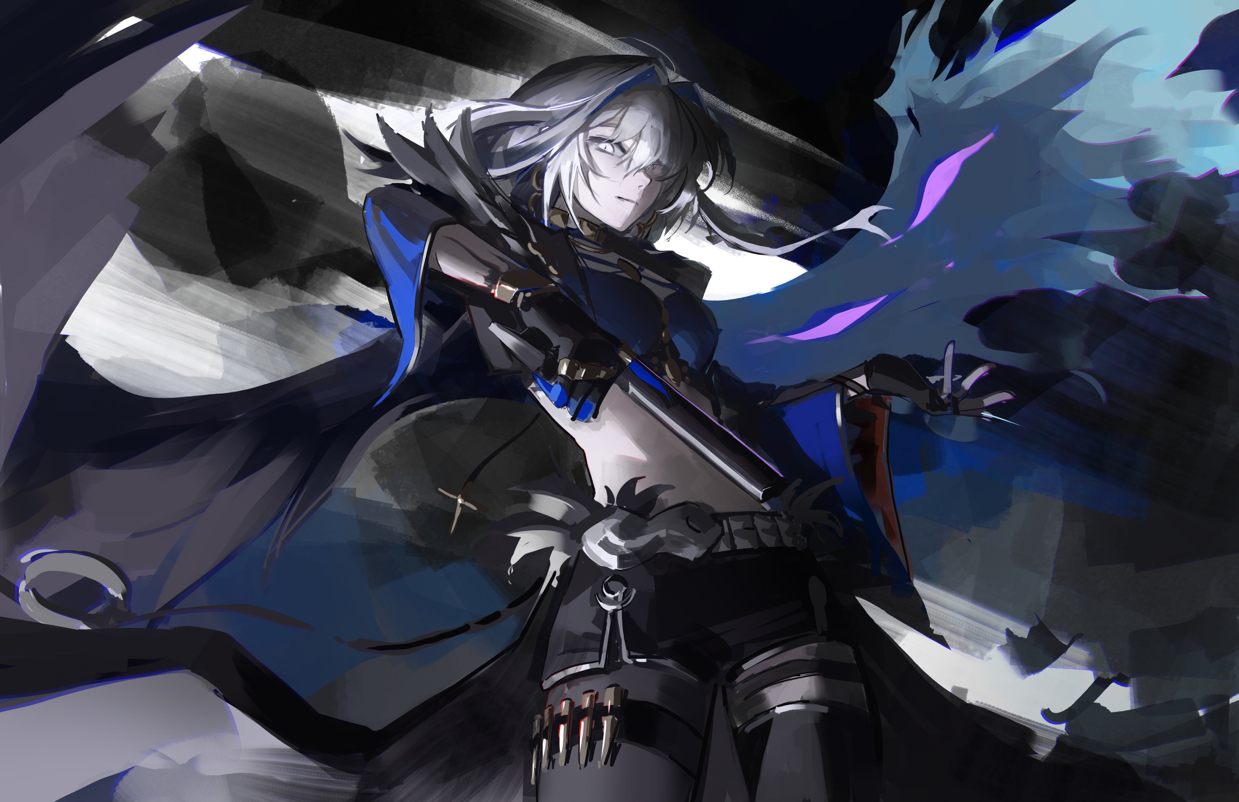 phyriaxi, galbrena (wuthering waves), wuthering waves, absurdres, commentary, highres, 1girl, asymmetrical wings, black pantyhose, black shorts, blue bra, bra, breasts, closed mouth, grey hair, gun, holding, holding gun, holding weapon, looking at viewer, medium breasts, mismatched wings, pantyhose, shorts, solo, stomach, thigh strap, underwear, weapon, wings
