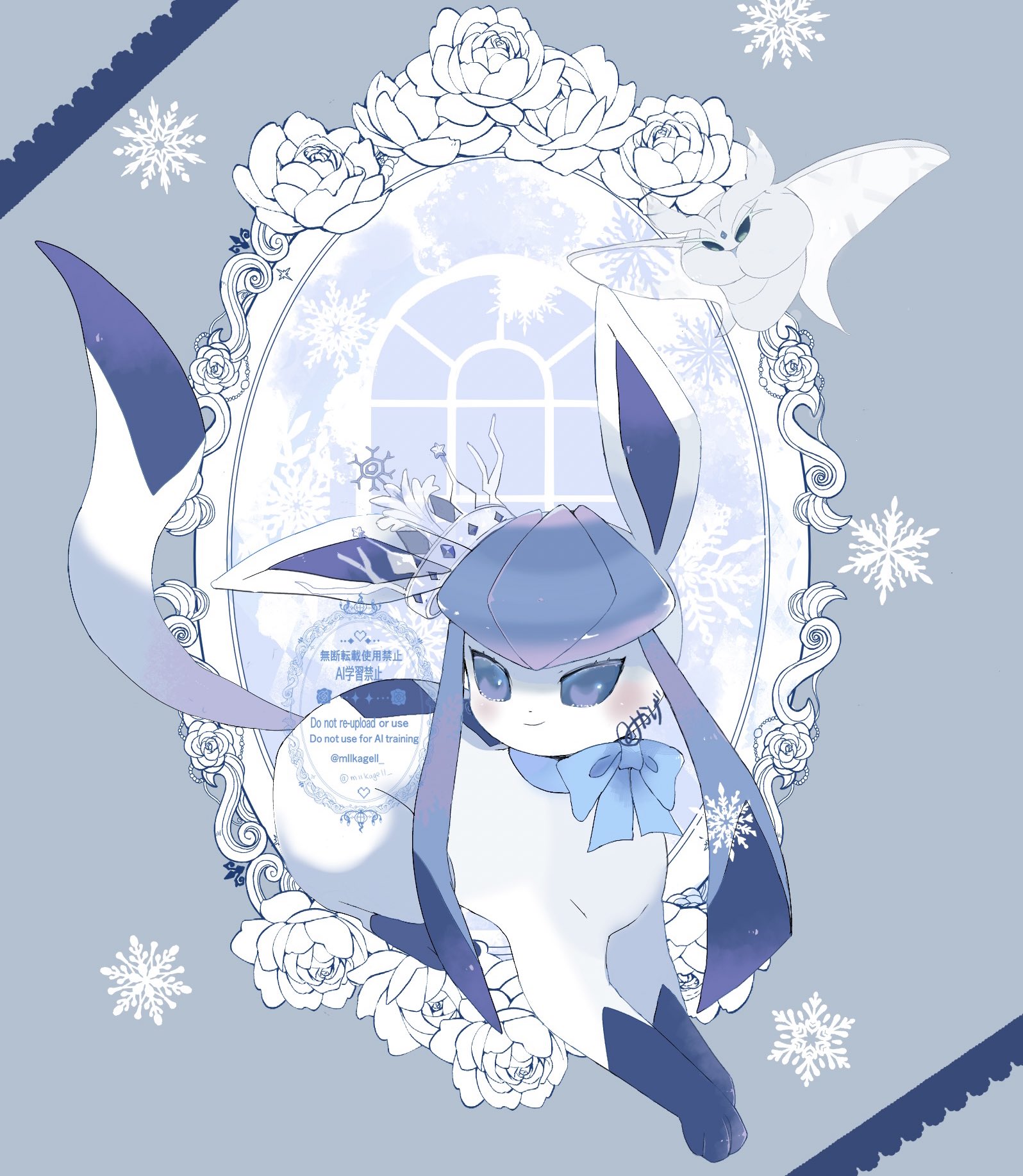 miikagell, frosmoth, glaceon, nintendo, pokemon, commentary, english commentary, highres, animal focus, blue background, blue eyes, blue theme, blush, bug, flower, gen 4 pokemon, gen 8 pokemon, insect, lying, moth, no humans, pokemon (creature), pokemon focus, ribbon, rose, smile, snowflakes, twitter username, window