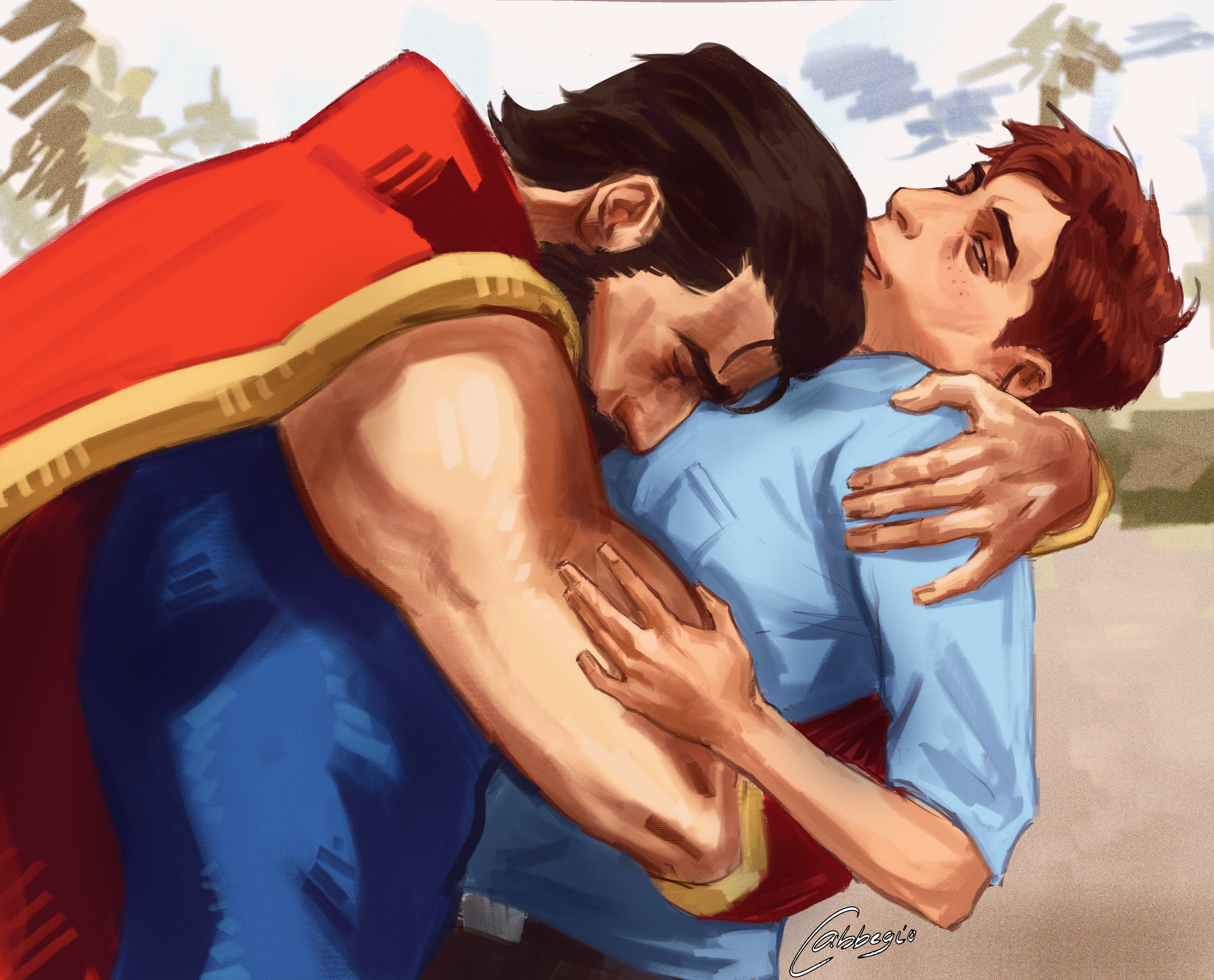 phenomaman (dispatch), robert robertson, dispatch, absurdres, hashtag-only commentary, highres, 2boys, beard, belt, belt buckle, blue shirt, breast pocket, brown eyes, brown hair, buckle, cabbegio, cape, closed eyes, facial hair, hand on another's arm, hand on another's shoulder, hug, looking to the side, male focus, multiple boys, pocket, red cape, shirt, short sideburns, signature, smile, upper body