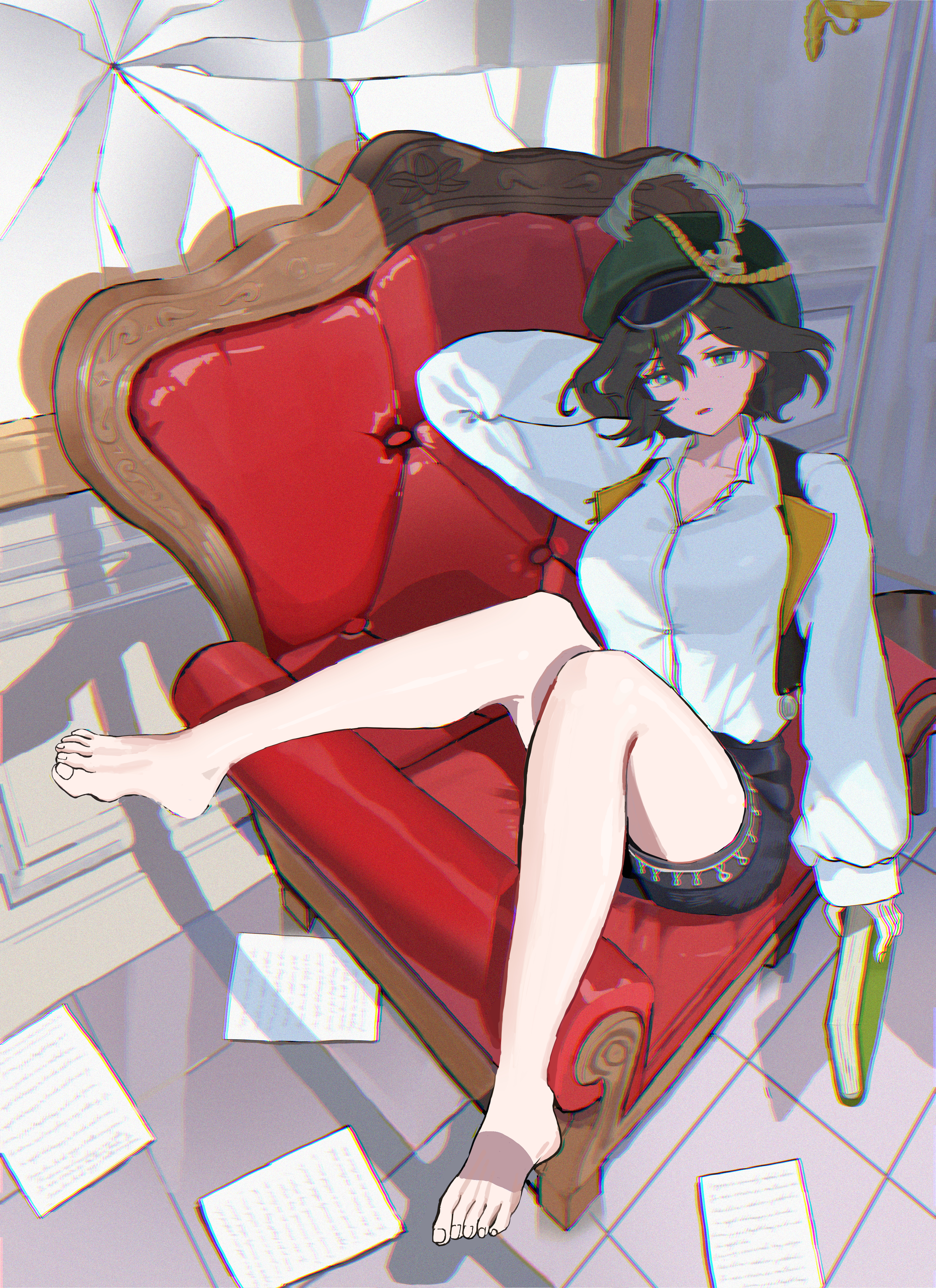 recoleta (reverse:1999), reverse:1999, absurdres, commentary, hashtag-only commentary, highres, variant set, 1girl, arm behind back, arm up, armchair, barefoot, black leotard, black shorts, black vest, book, breasts, brown hair, chair, chromatic aberration, cleavage, collarbone, crack, cracked glass, full body, green eyes, green hat, hair between eyes, hat, hat feather, holding, holding book, indoors, large breasts, leotard, looking at viewer, maybedrawing, mole, mole under eye, newsboy cap, on chair, open clothes, open vest, paper, parted lips, shadow, shirt, short hair, short shorts, shorts, sidelocks, sitting, sitting sideways, solo, tile floor, tiles, vest, white shirt