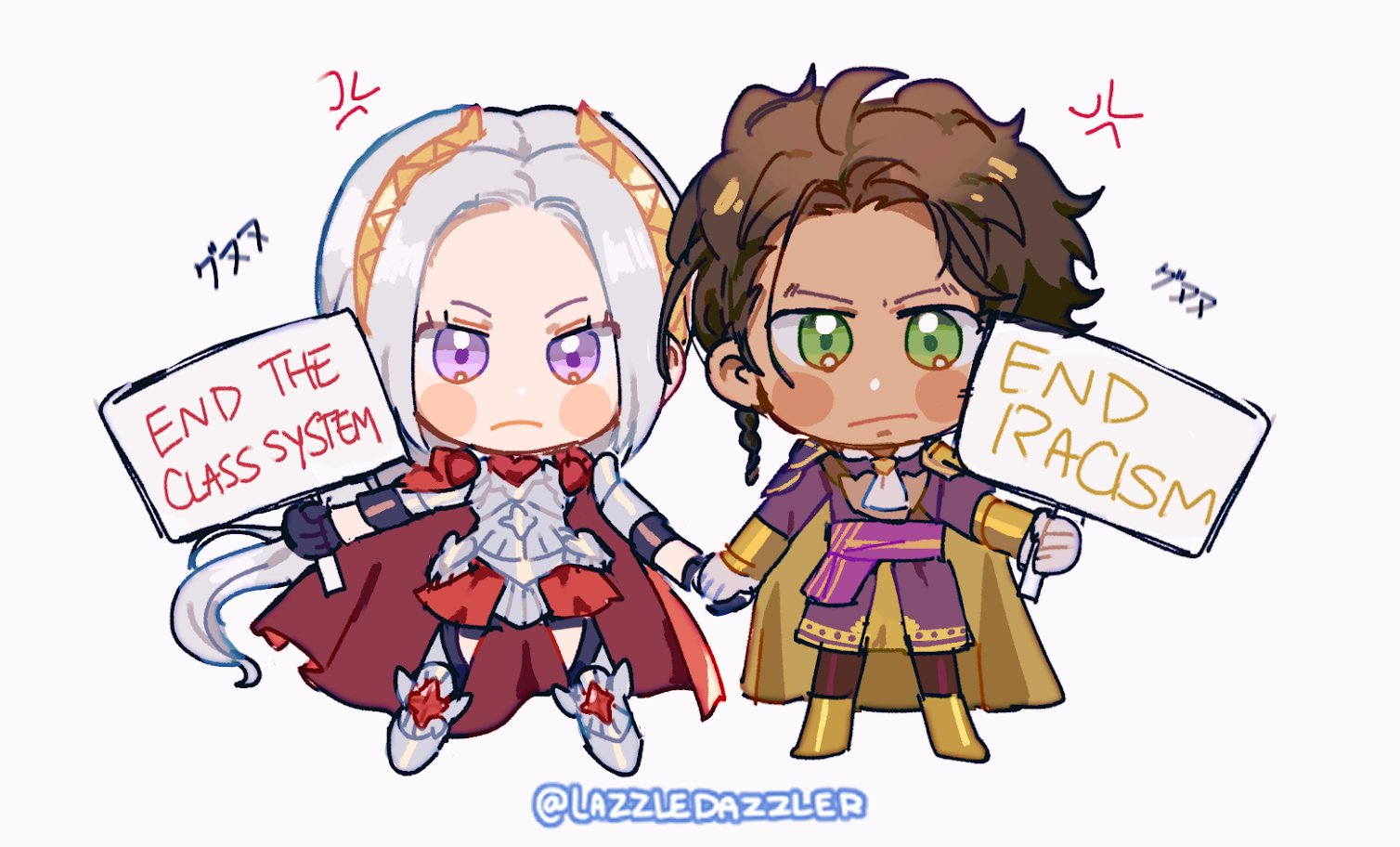 pomme (lazzledazzle), claude von riegan, edelgard von hresvelg, fire emblem, fire emblem: three houses, nintendo, third-party source, brown hair, green eyes, holding, holding hands, purple eyes, sign, white hair