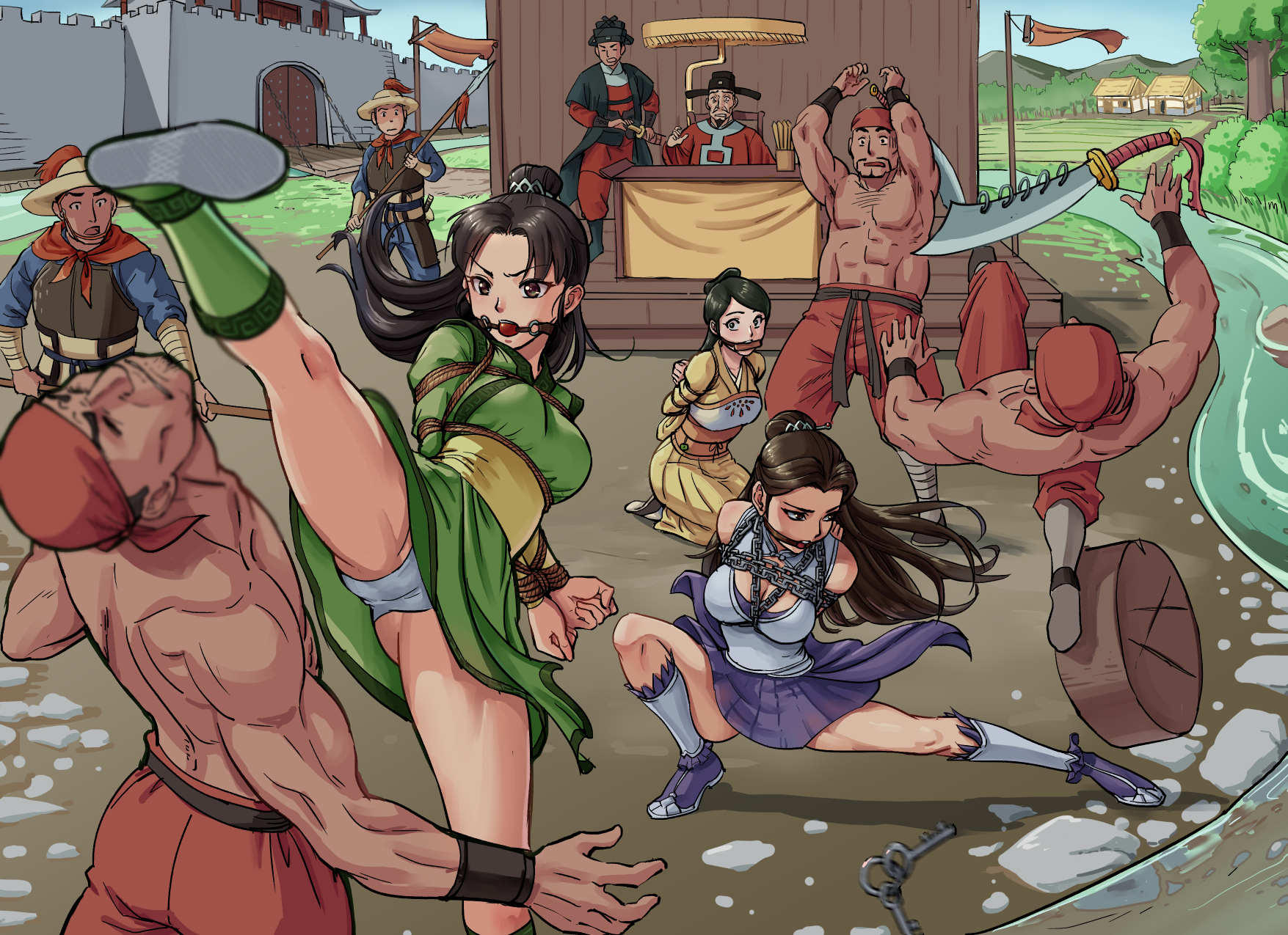 root001, original, commentary request, highres, ball gag, bdsm, bondage, bound, defeat, gag, gagged, panties, pantyshot, restrained, rope, shibari, underwear