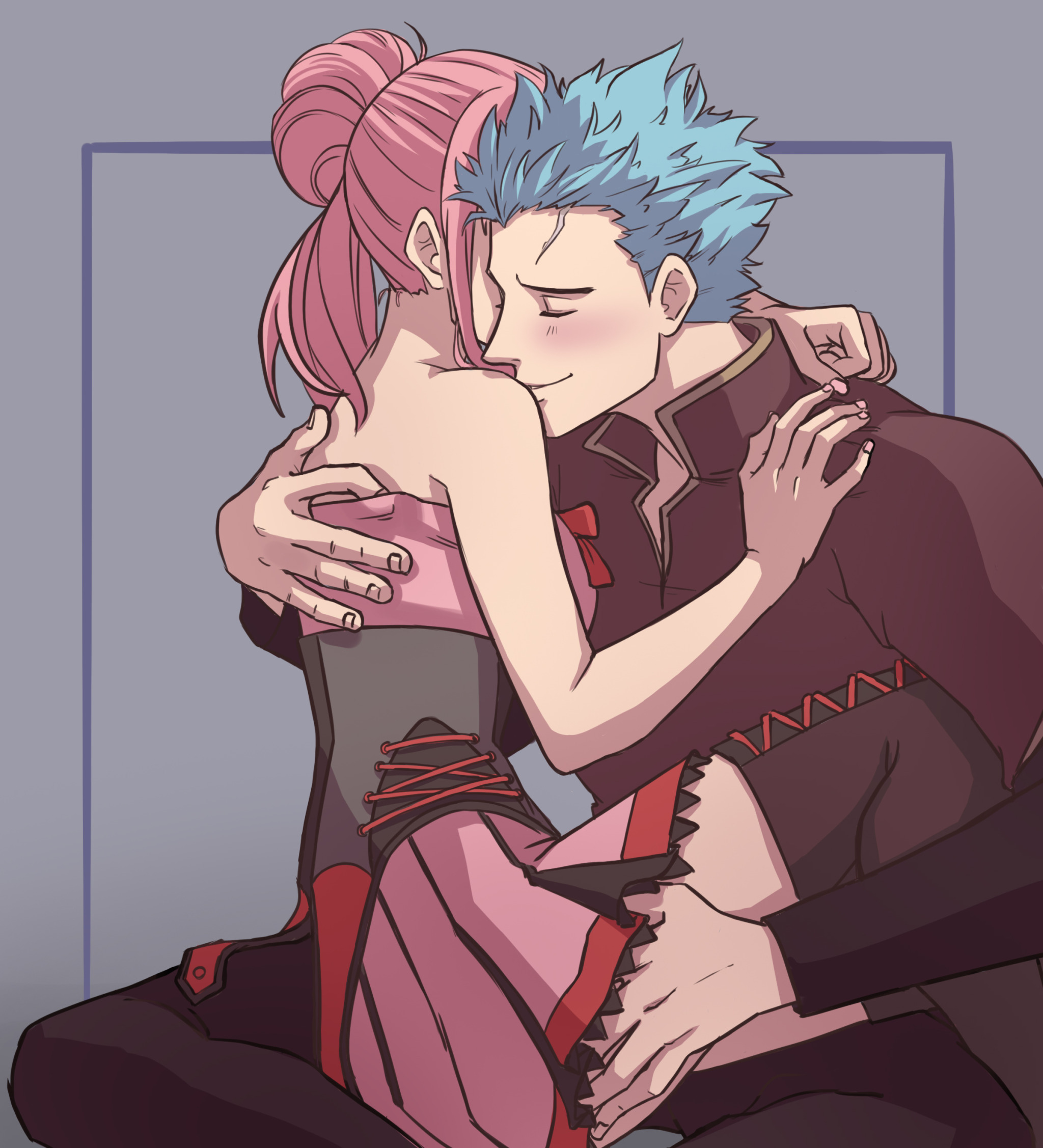 caspar von bergliez, hilda valentine goneril, fire emblem, fire emblem: three houses, fire emblem warriors: three hopes, nintendo, commentary, english commentary, highres, blue hair, emblem, hair bun, hug, pink hair, spiked hair