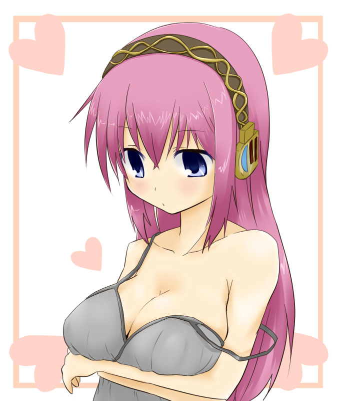 tetora(kari), tetora (kari), megurine luka, vocaloid, 1girl, bare shoulders, blue eyes, blush, breasts, camisole, cleavage, crossed arms, female focus, headphones, headset, heart, large breasts, long hair, pink hair, solo, strap slip