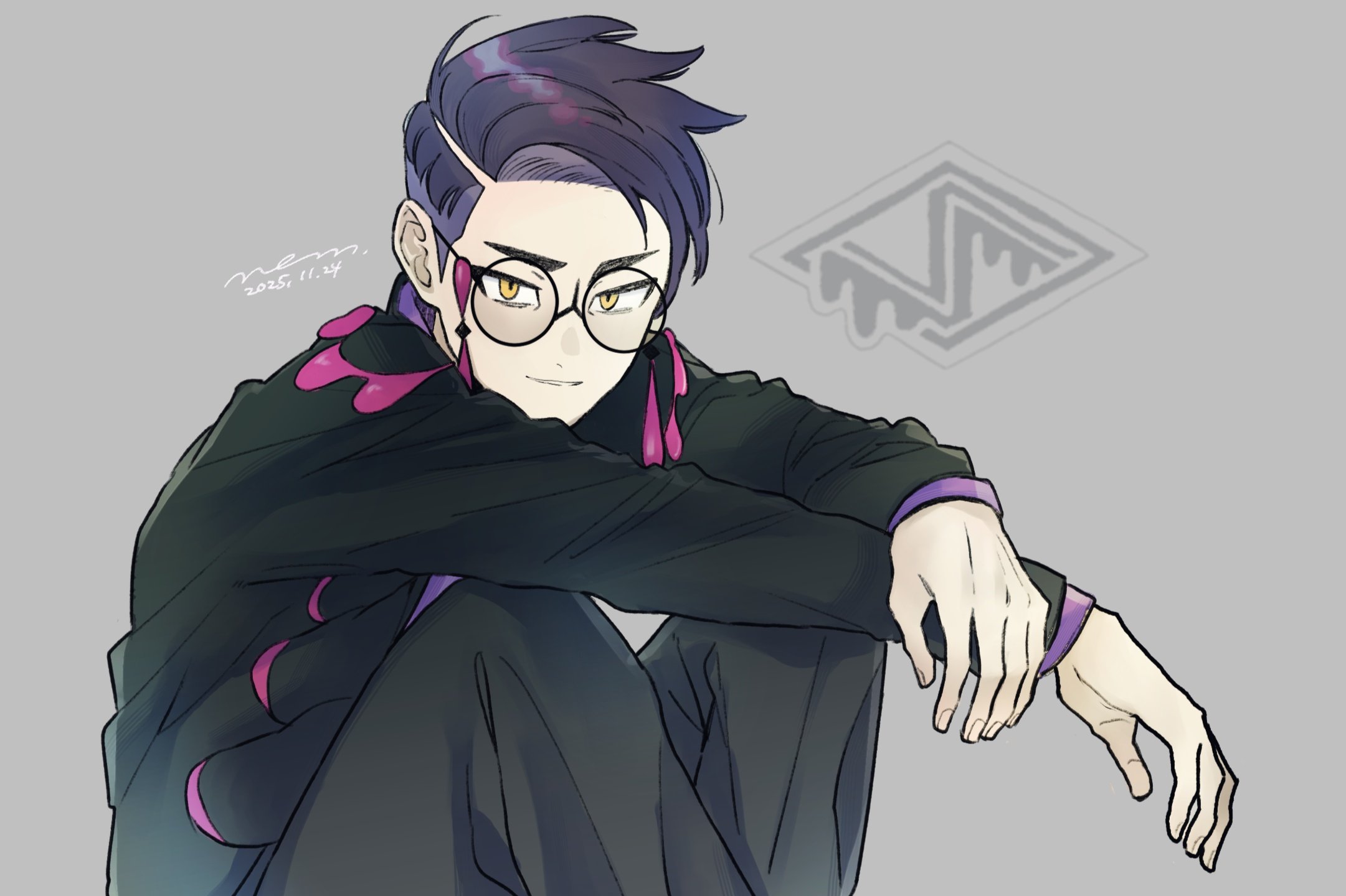 corbeau (pokemon), nintendo, pokemon, pokemon legends: z-a, commentary request, highres, 1boy, arm on knee, black-framed eyewear, black coat, black pants, closed mouth, coat, dated, glasses, grey background, lapels, layered sleeves, long sleeves, looking at viewer, male focus, nem hrn, pants, parted hair, purple hair, purple shirt, round eyewear, shirt, short hair, slit pupils, solo, tassel, yellow eyes