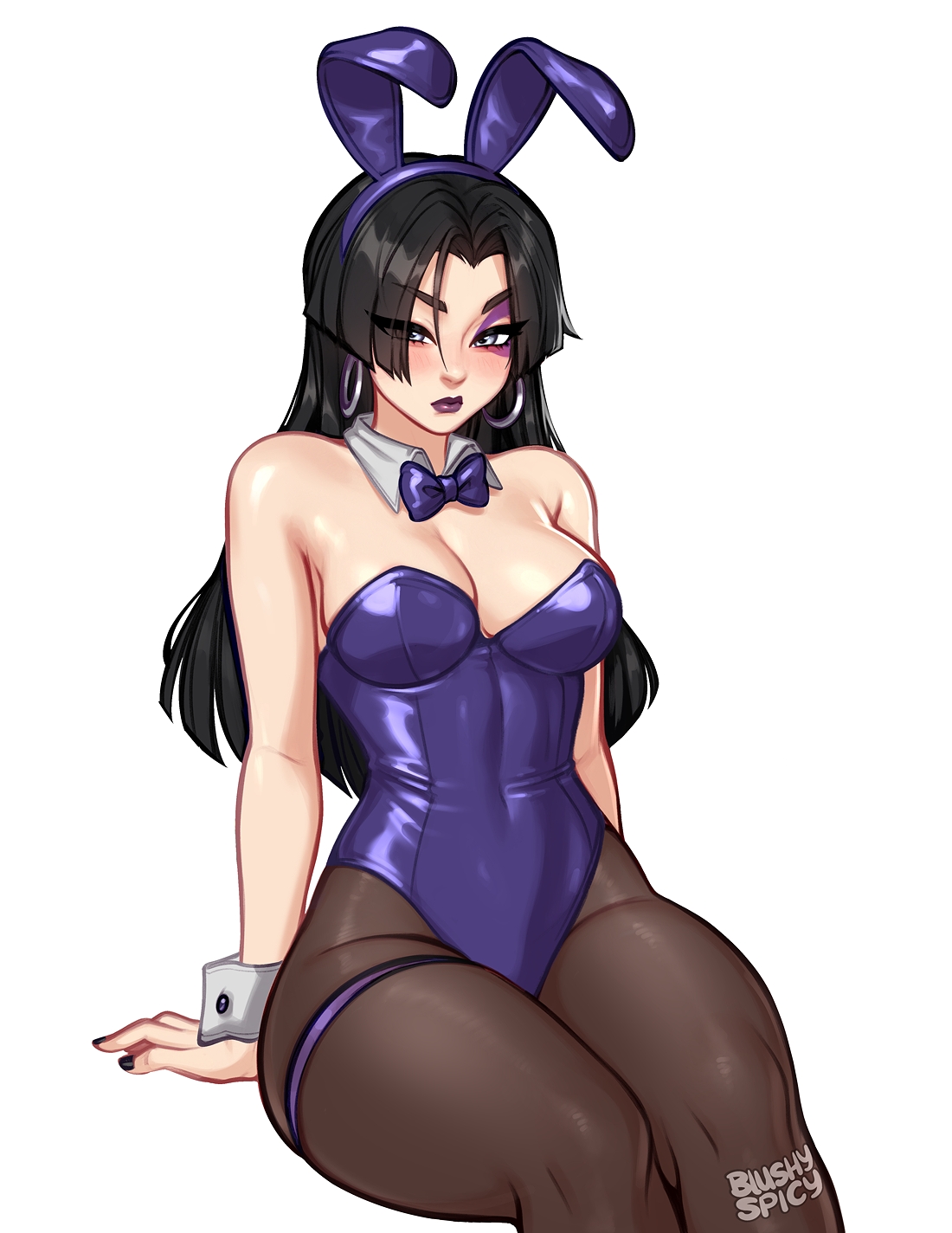 blushyspicy, psylocke, marvel, commentary, english commentary, highres, 1girl, animal ear hairband, animal ears, arm support, artist name, bare shoulders, black hair, black nails, bow, bowtie, breasts, closed mouth, covered navel, fake animal ears, hairband, highleg, highleg leotard, large breasts, leotard, long hair, looking at viewer, nail polish, pantyhose, playboy bunny, purple bow, purple bowtie, purple leotard, rabbit ear hairband, rabbit ears, simple background, sitting, solo, strapless, strapless leotard, thick thighs, thighs, white background, white wrist cuffs, wrist cuffs