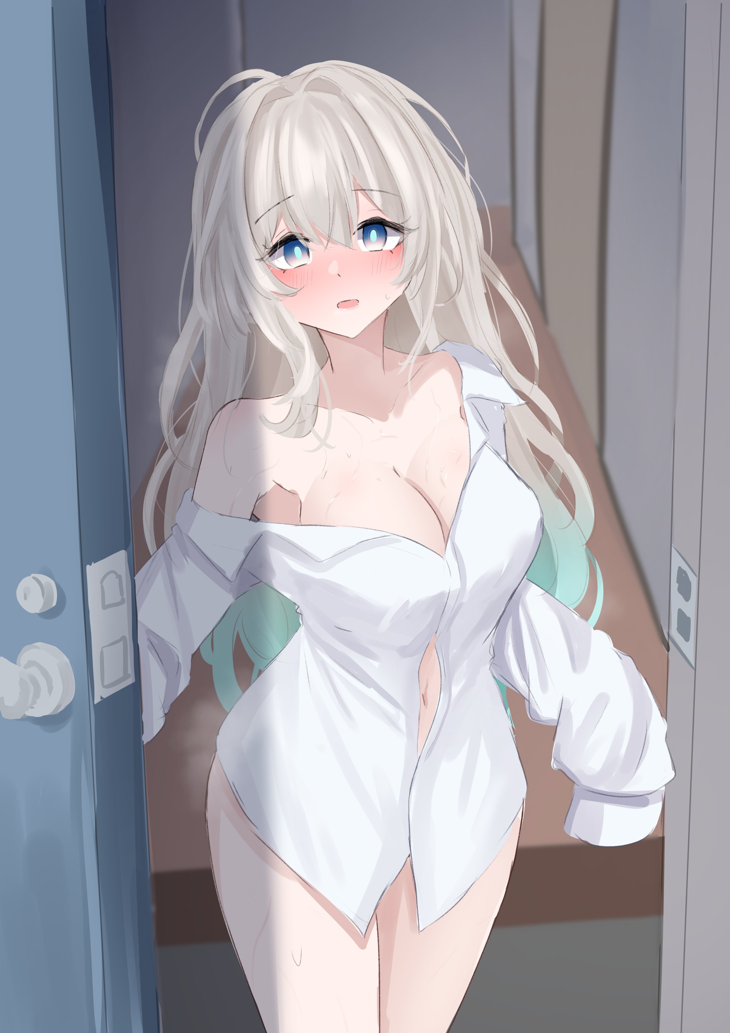 hivern, firefly (honkai: star rail), honkai: star rail, honkai (series), absurdres, hashtag-only commentary, highres, 1girl, alternate costume, breasts, cleavage, collared shirt, grey hair, large breasts, long hair, messy hair, multicolored eyes, naked shirt, navel, shirt, solo, white shirt