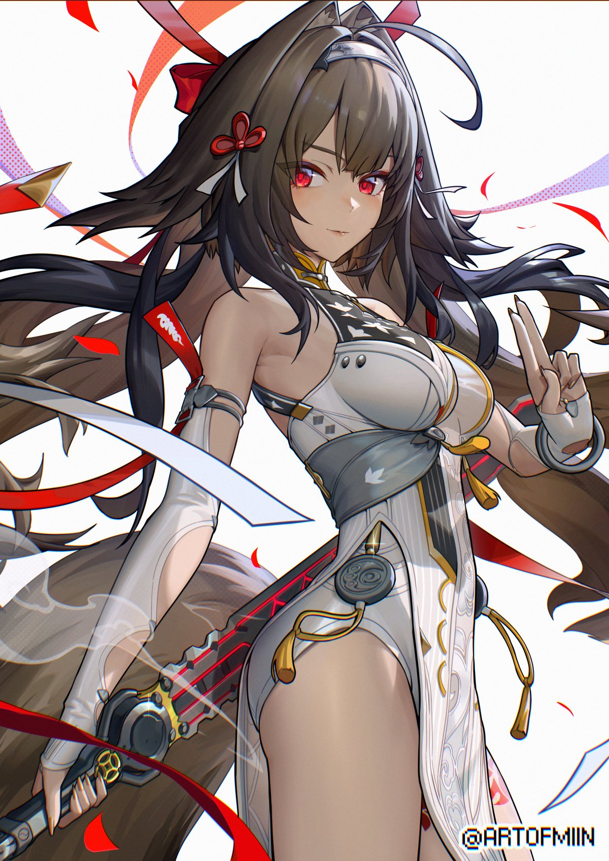 artofmiin, ye shunguang, zenless zone zero, commentary, highres, symbol-only commentary, 1girl, armpit crease, breasts, brown tail, china dress, chinese clothes, closed mouth, dress, hair intakes, hairband, holding, holding sword, holding weapon, kuji-in, long hair, looking at viewer, medium breasts, metal bracelet, pelvic curtain, red eyes, reverse grip, solo, sword, tail, weapon, white background, white dress, white hairband