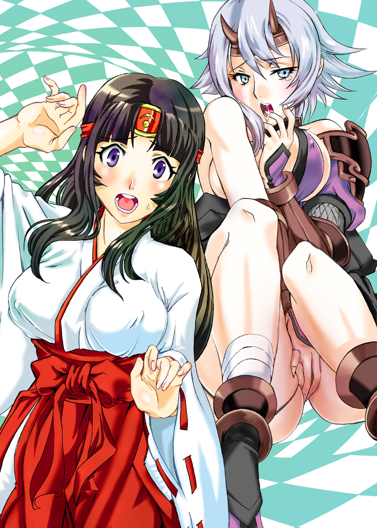 choshichiro, musha miko tomoe, shizuka (queen's blade), tomoe (queen's blade), queen's blade, silver hair, 00s, 2girls, aqua eyes, black hair, blush, breasts, cleavage, crotch grab, headband, horns, japanese clothes, large breasts, long hair, miko, multiple girls, ninja, purple eyes, saliva, surprised, tears